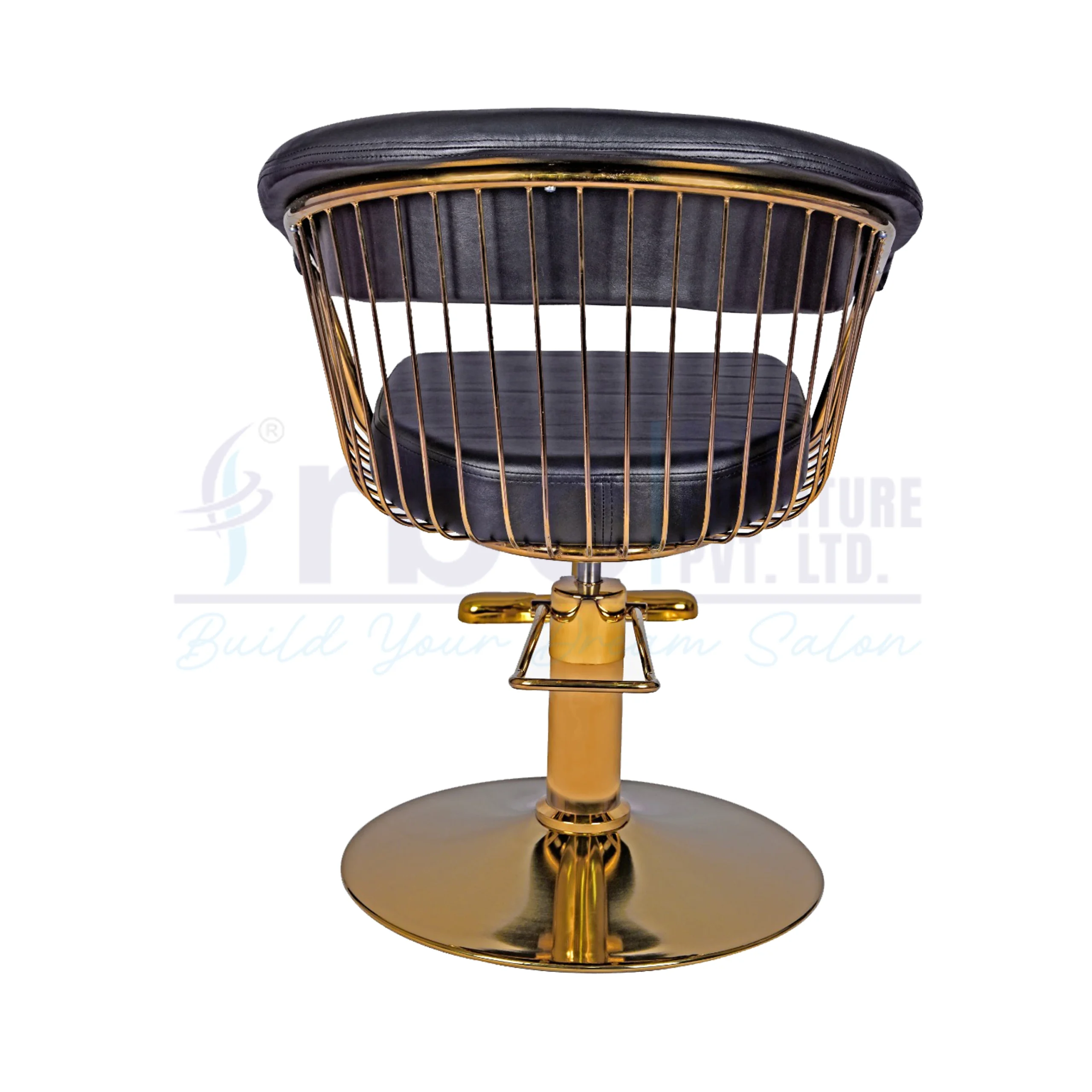 RBC 419 Luxury Hydraulic Salon Styling Chair in Black Leatherette Seat with Gold Wire Cage Backrest, Gold Footrest, and Round Gold Base
