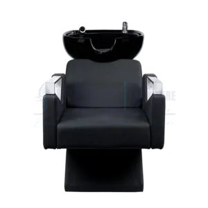 RBC 334 Professional Shampoo Station Hair Wash Basin Chair with Black Ceramic Bowl, Leatherette Lounge Seating, and Clear Acrylic Armrest Accents