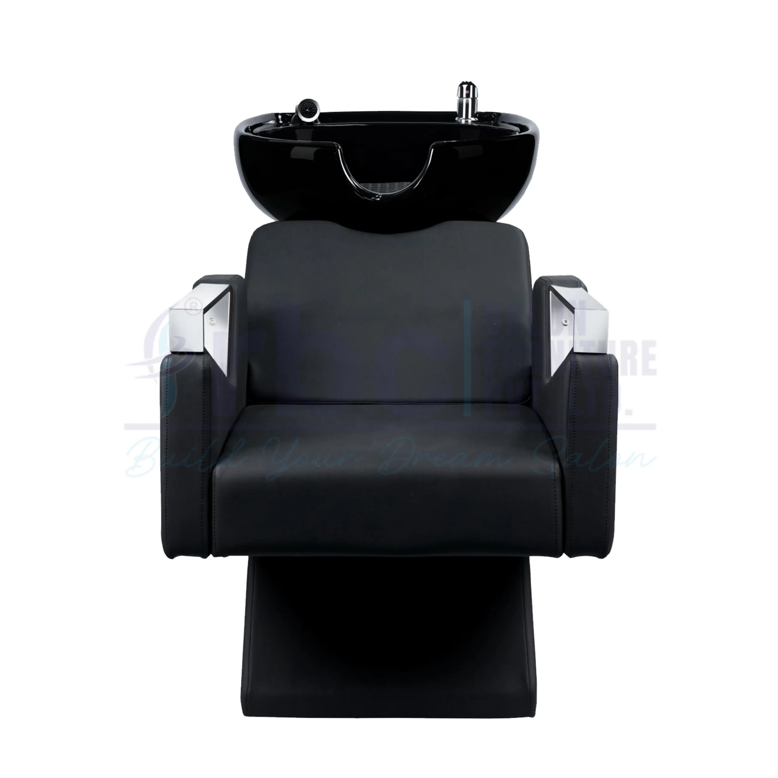 RBC 334 Professional Shampoo Station Hair Wash Basin Chair with Black Ceramic Bowl, Leatherette Lounge Seating, and Clear Acrylic Armrest Accents