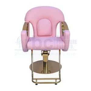 RBC 415 Luxury Hydraulic Salon Styling Chair in Pink Leatherette Upholstery with Gold Metallic Armrests, Footrest, and Round Gold Base