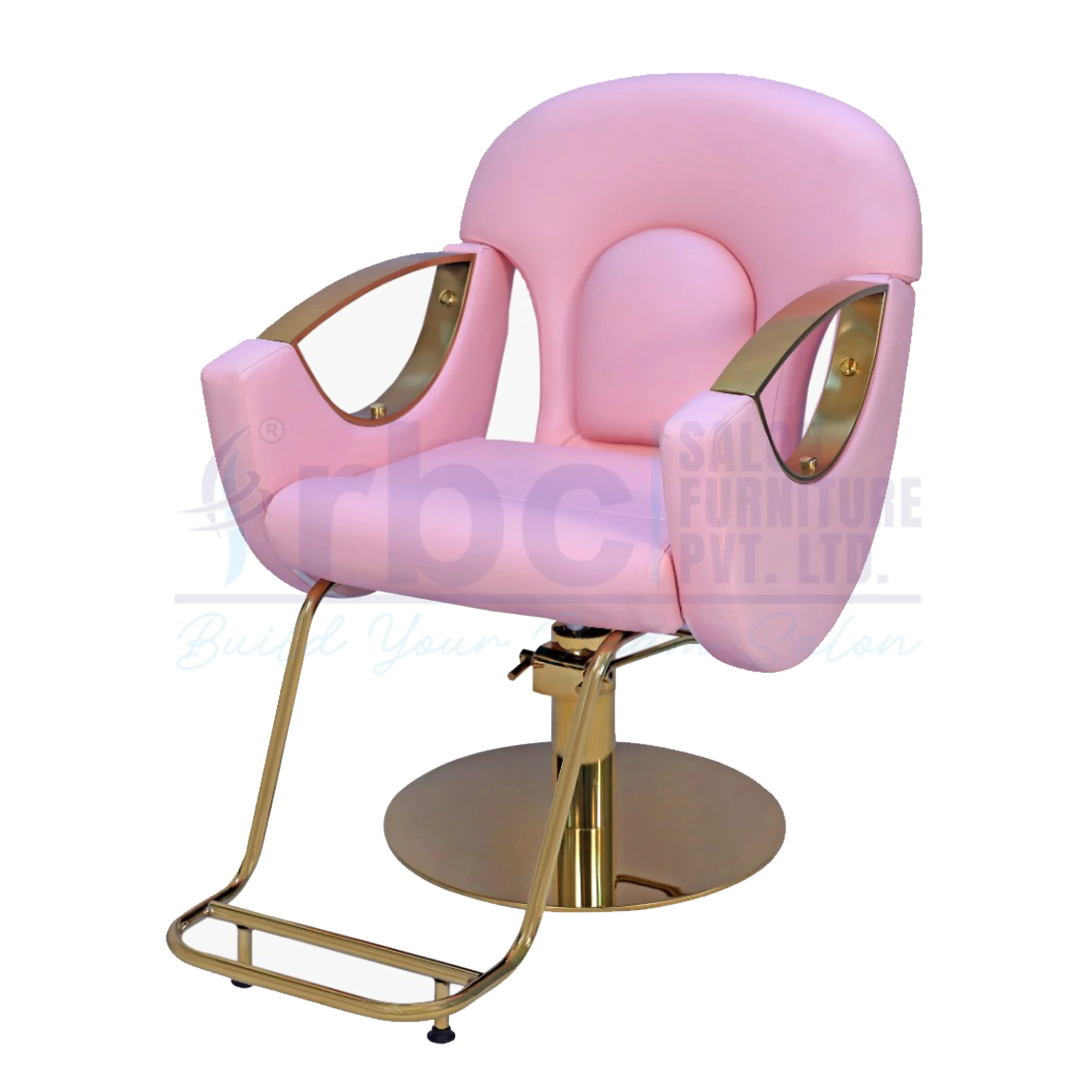 RBC 415 Luxury Hydraulic Salon Styling Chair in Pink Leatherette Upholstery with Gold Metallic Armrests, Footrest, and Round Gold Base