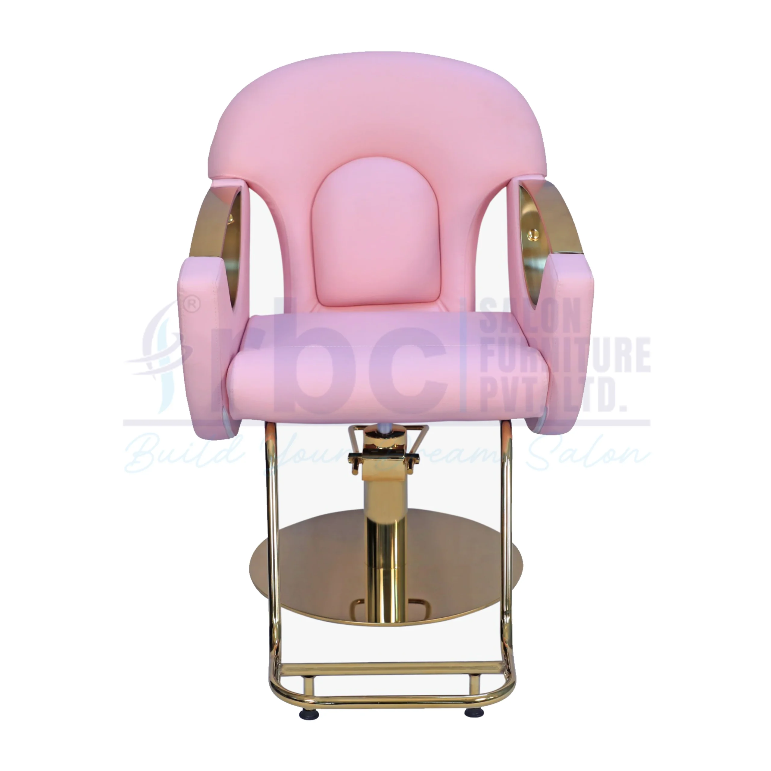RBC 415 Luxury Hydraulic Salon Styling Chair in Pink Leatherette Upholstery with Gold Metallic Armrests, Footrest, and Round Gold Base