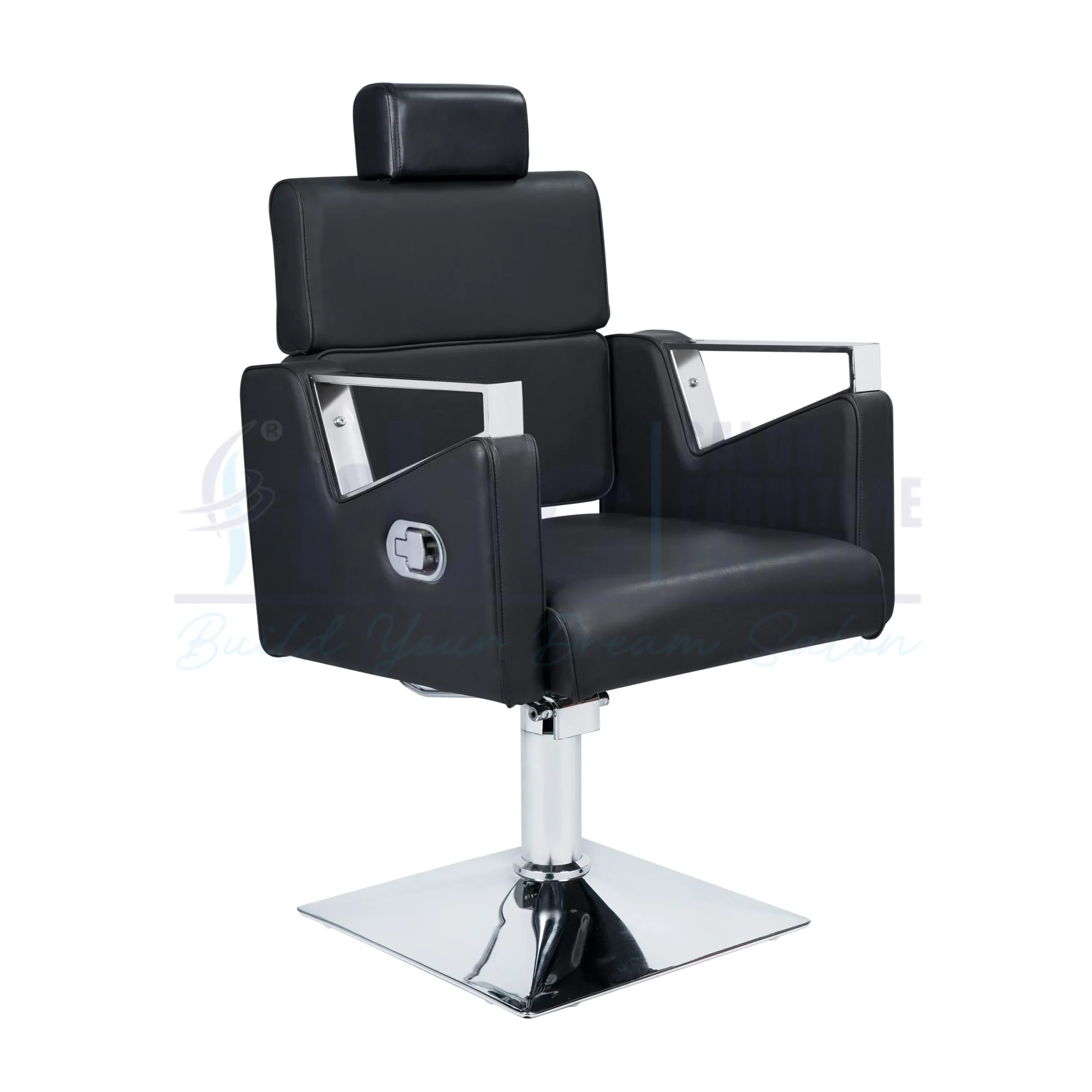 RBC 236 Black Reclining Hydraulic Barber Chair with Adjustable Headrest and Chrome Square Base