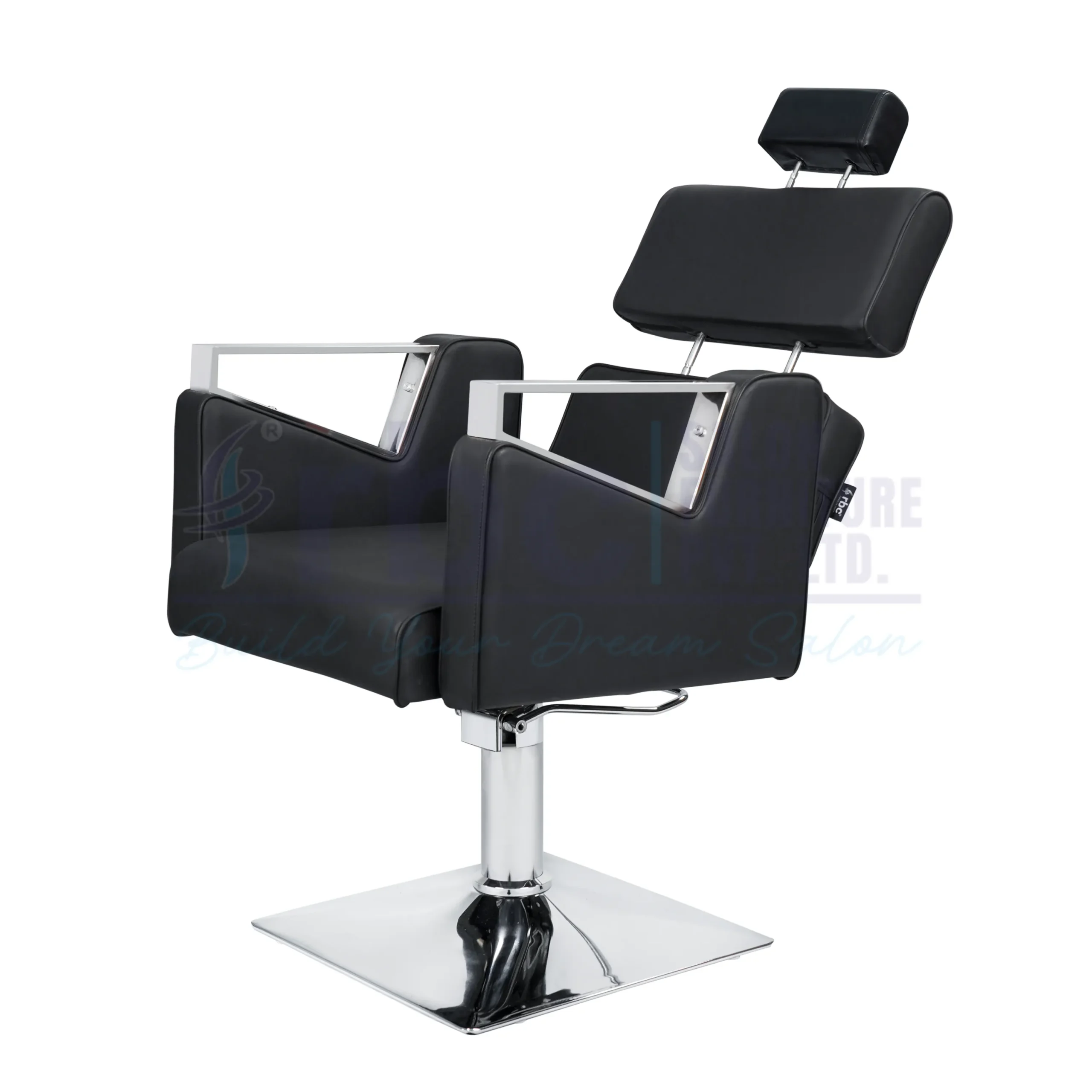 RBC 236 Black Reclining Hydraulic Barber Chair with Adjustable Headrest and Chrome Square Base