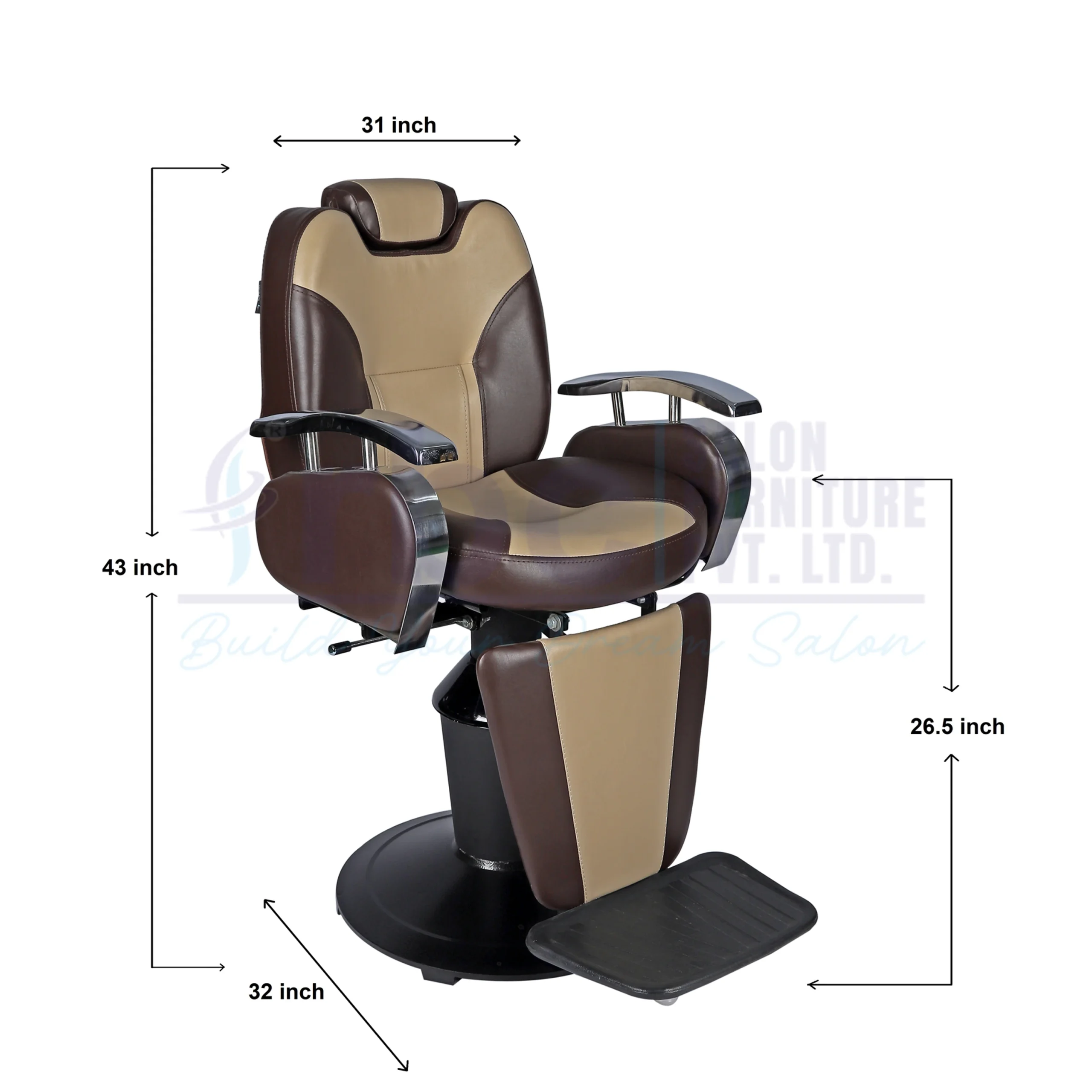 RBC 202 Dark Brown and Beige Reclining Hydraulic Barber Chair with Padded Legrest and Heavy-Duty Round Base