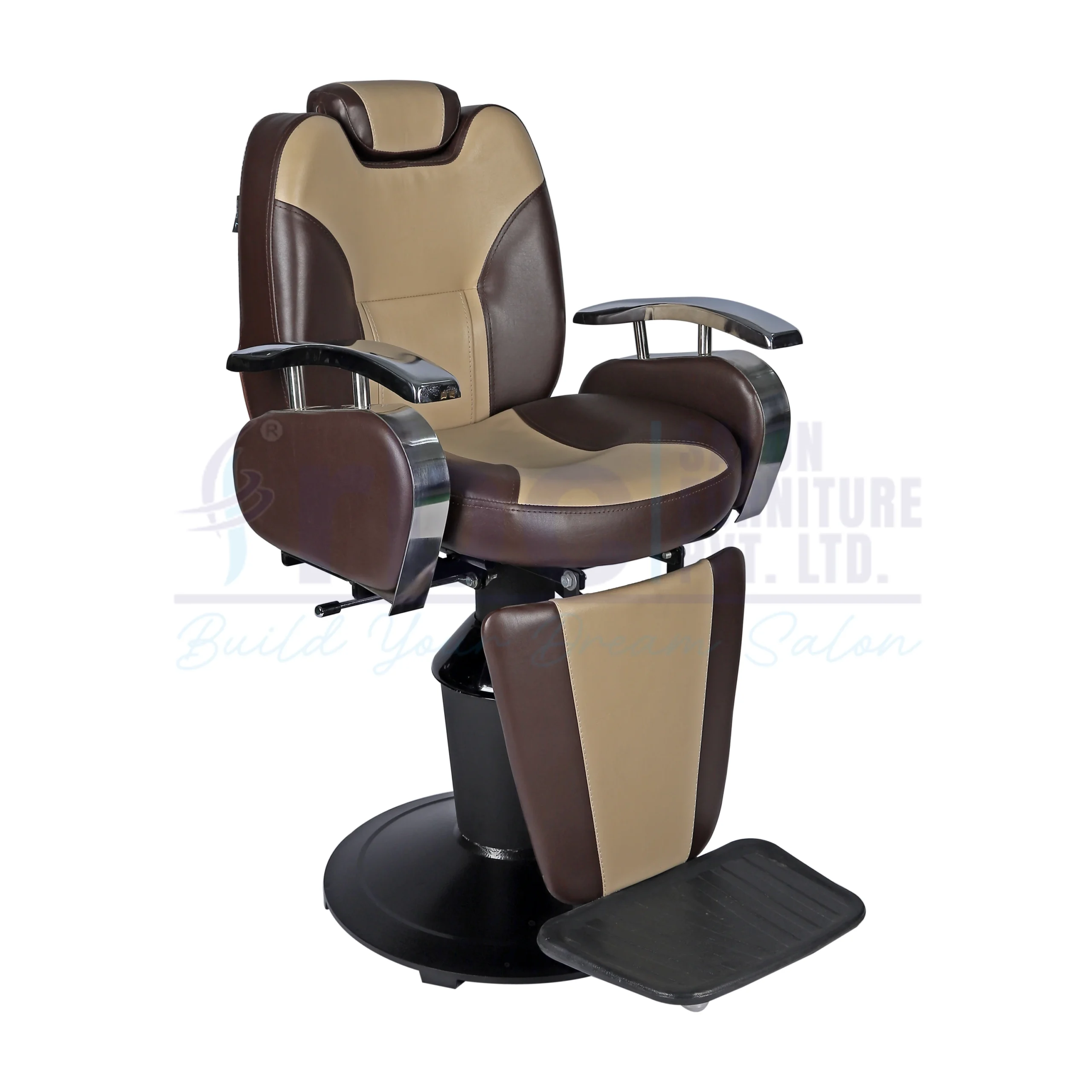 RBC 202 Dark Brown and Beige Reclining Hydraulic Barber Chair with Padded Legrest and Heavy-Duty Round Base