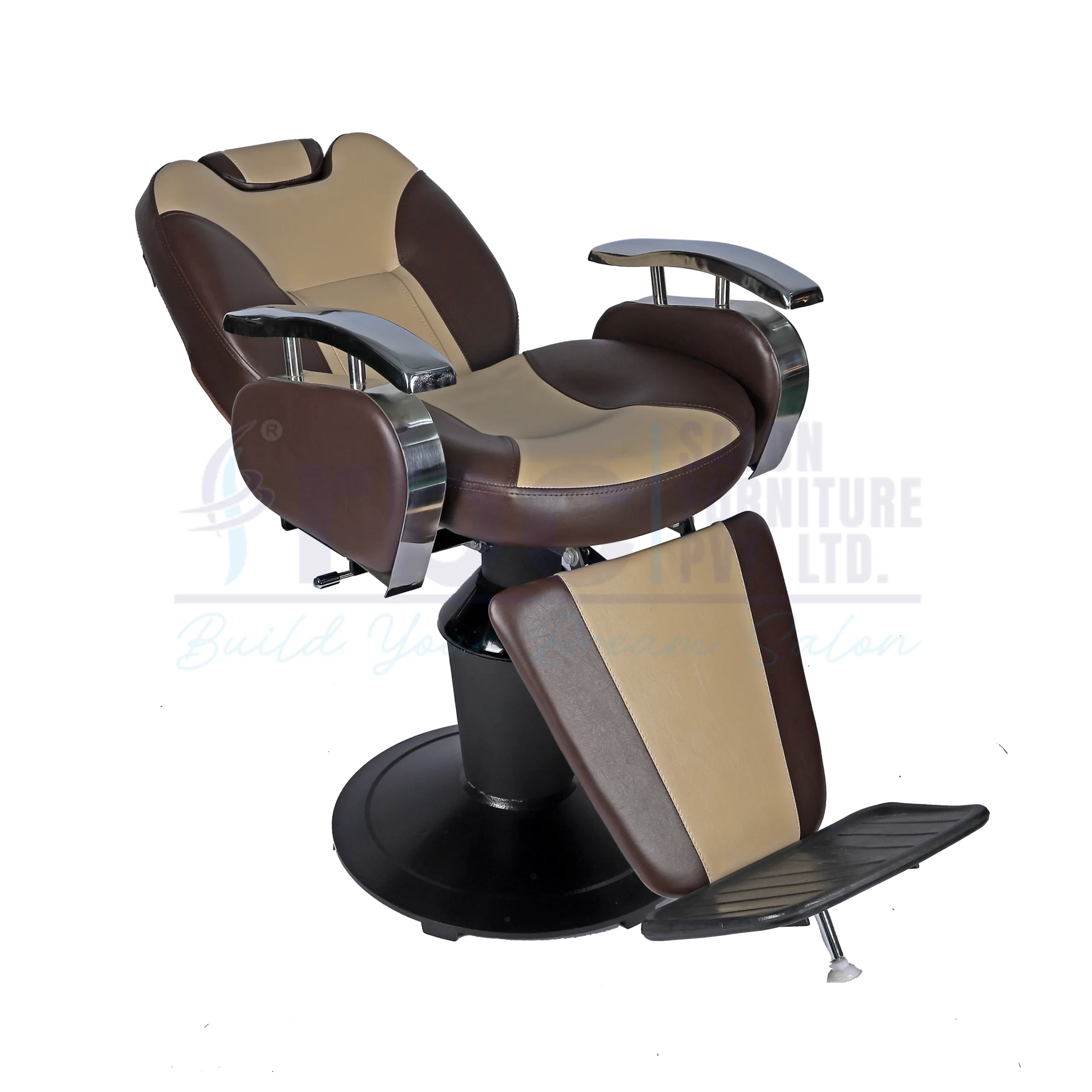 RBC 202 Dark Brown and Beige Reclining Hydraulic Barber Chair with Padded Legrest and Heavy-Duty Round Base