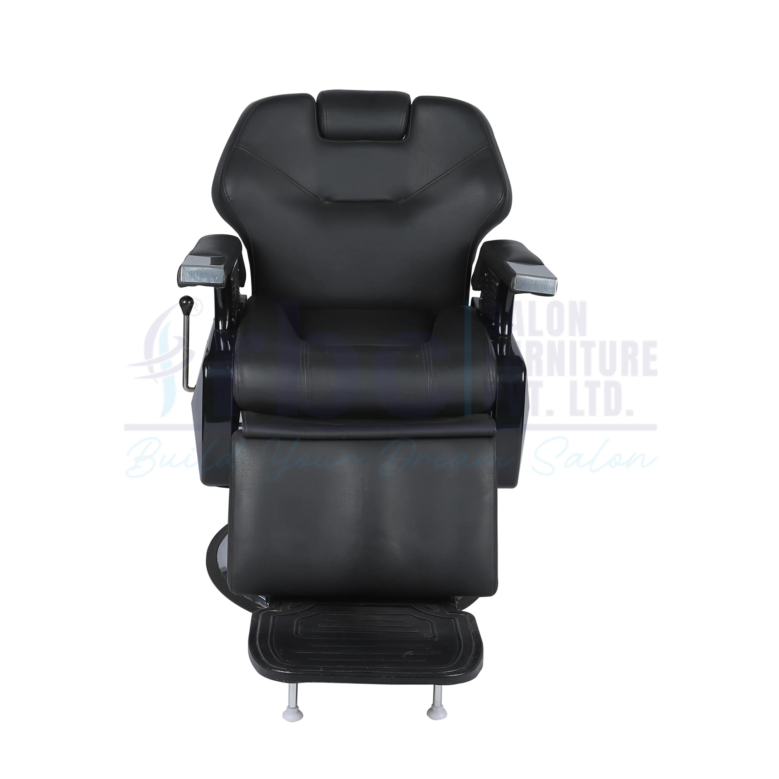 RBC 254 Black Reclining Hydraulic Barber Chair with Padded Legrest and Heavy-Duty Chrome Round Base