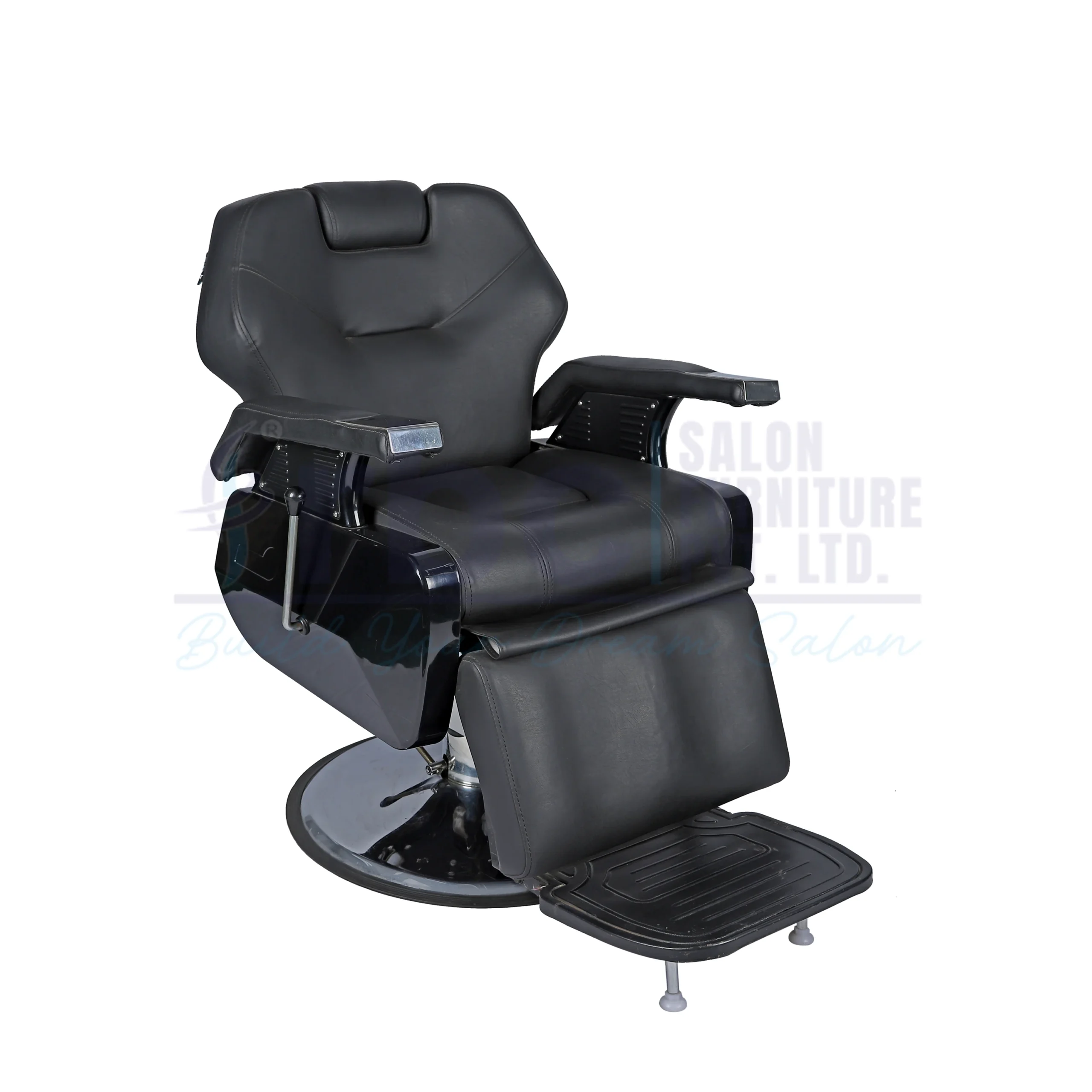 RBC 254 Black Reclining Hydraulic Barber Chair with Padded Legrest and Heavy-Duty Chrome Round Base
