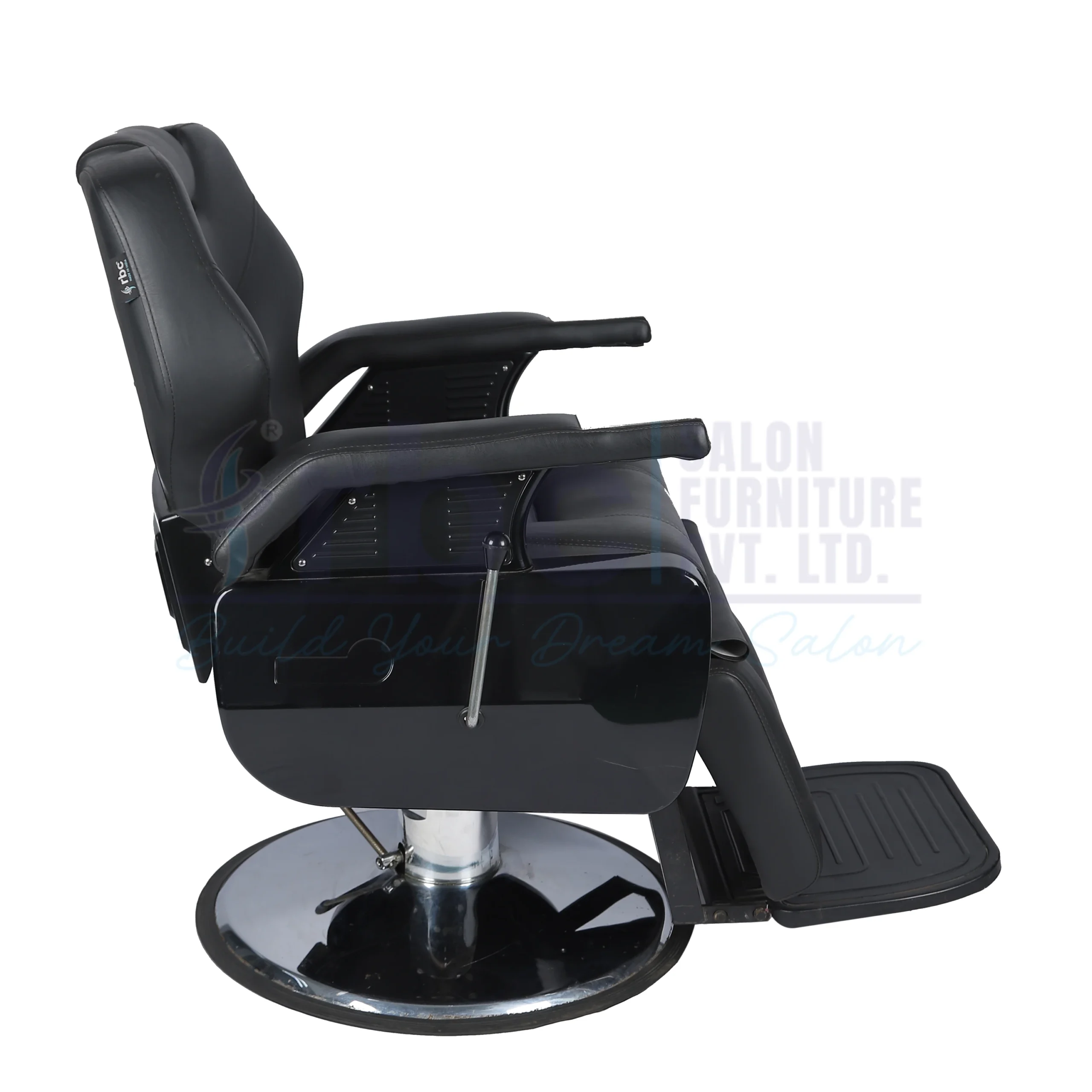 RBC 254 Black Reclining Hydraulic Barber Chair with Padded Legrest and Heavy-Duty Chrome Round Base