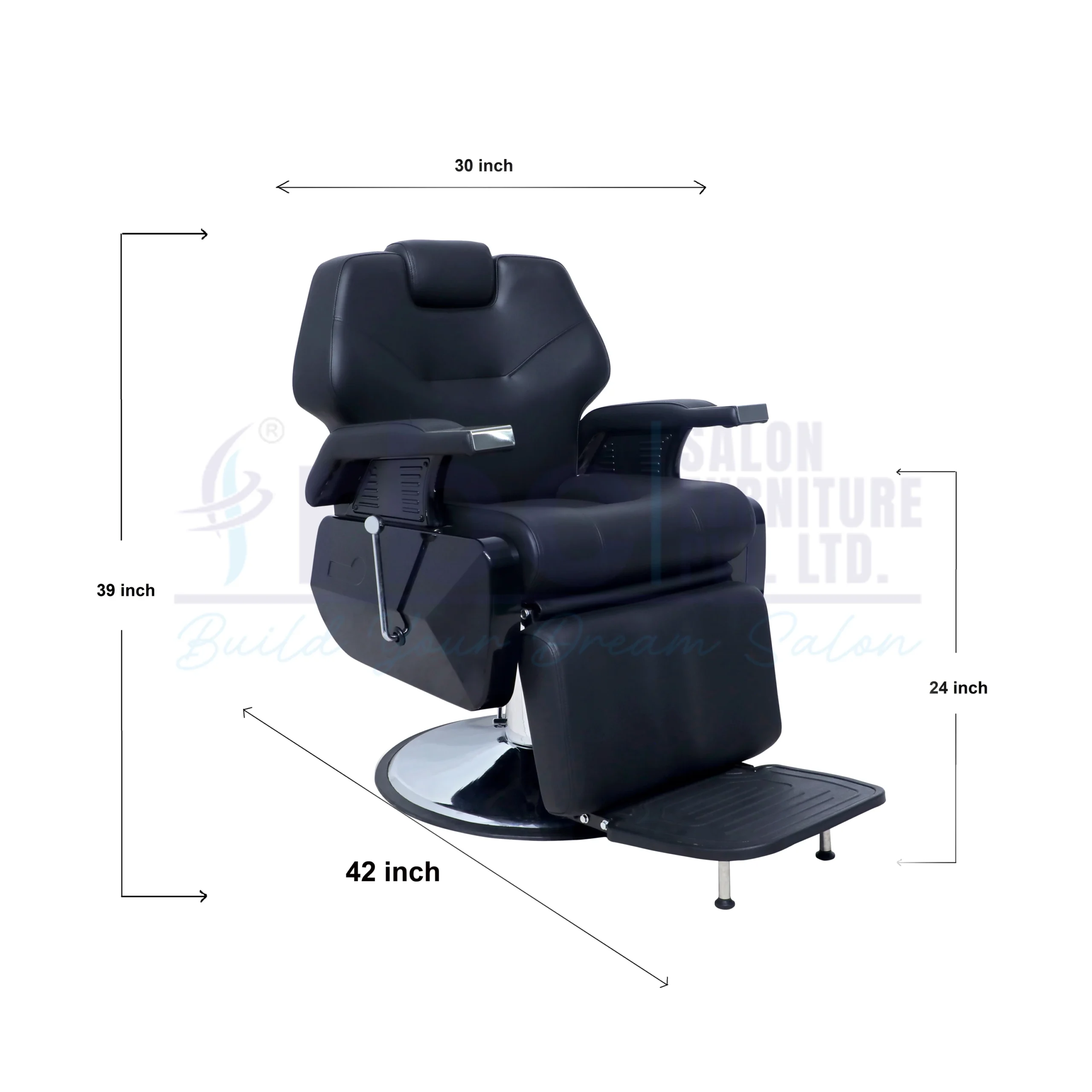 RBC 254 Black Reclining Hydraulic Barber Chair with Padded Legrest and Heavy-Duty Chrome Round Base