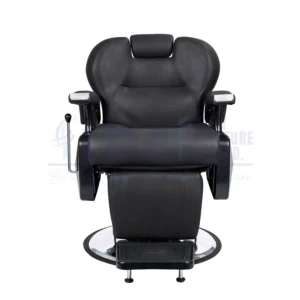 RBC 255 All-Black Reclining Hydraulic Barber Chair with Adjustable Headrest and Heavy-Duty Chrome Round Base