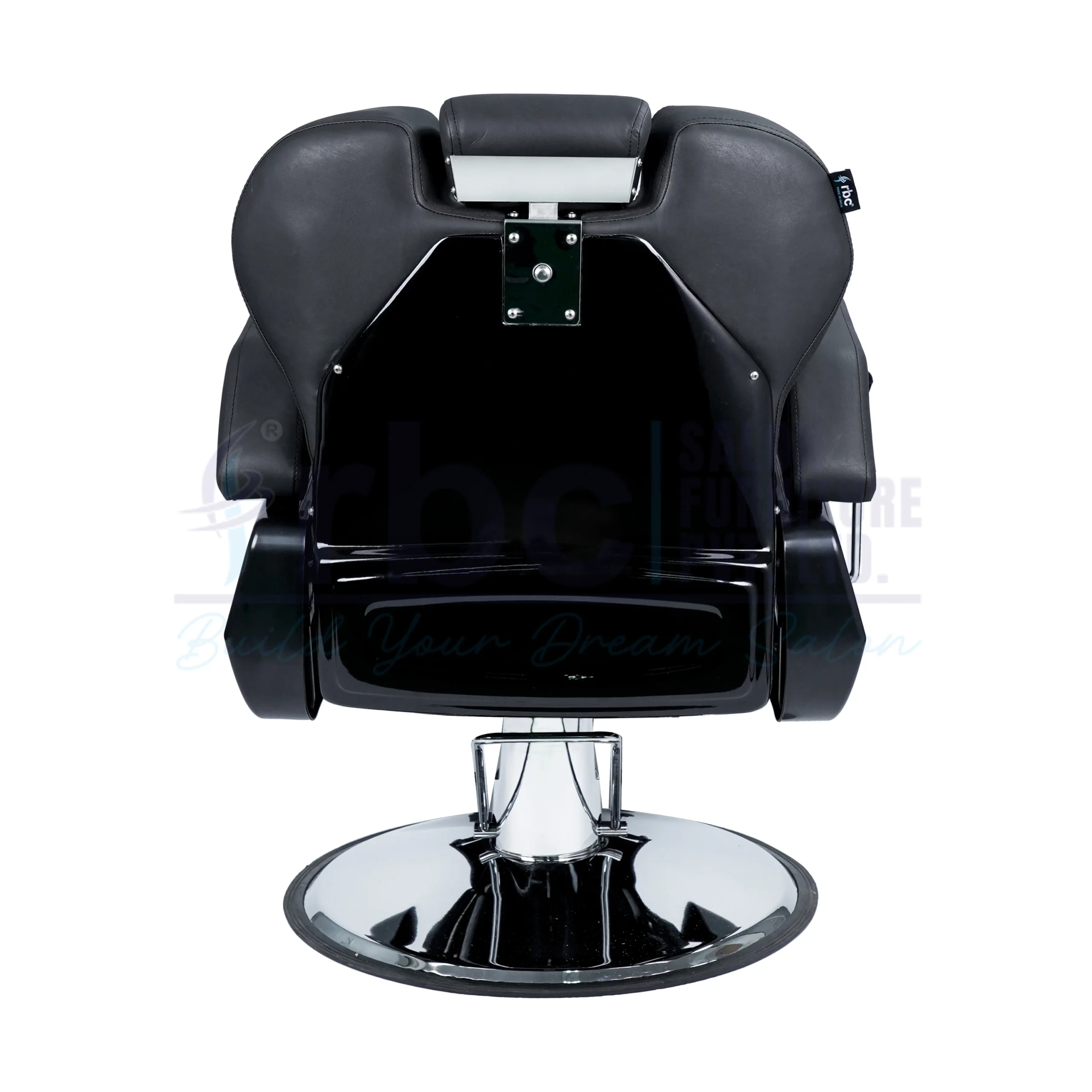 RBC 255 All-Black Reclining Hydraulic Barber Chair with Adjustable Headrest and Heavy-Duty Chrome Round Base