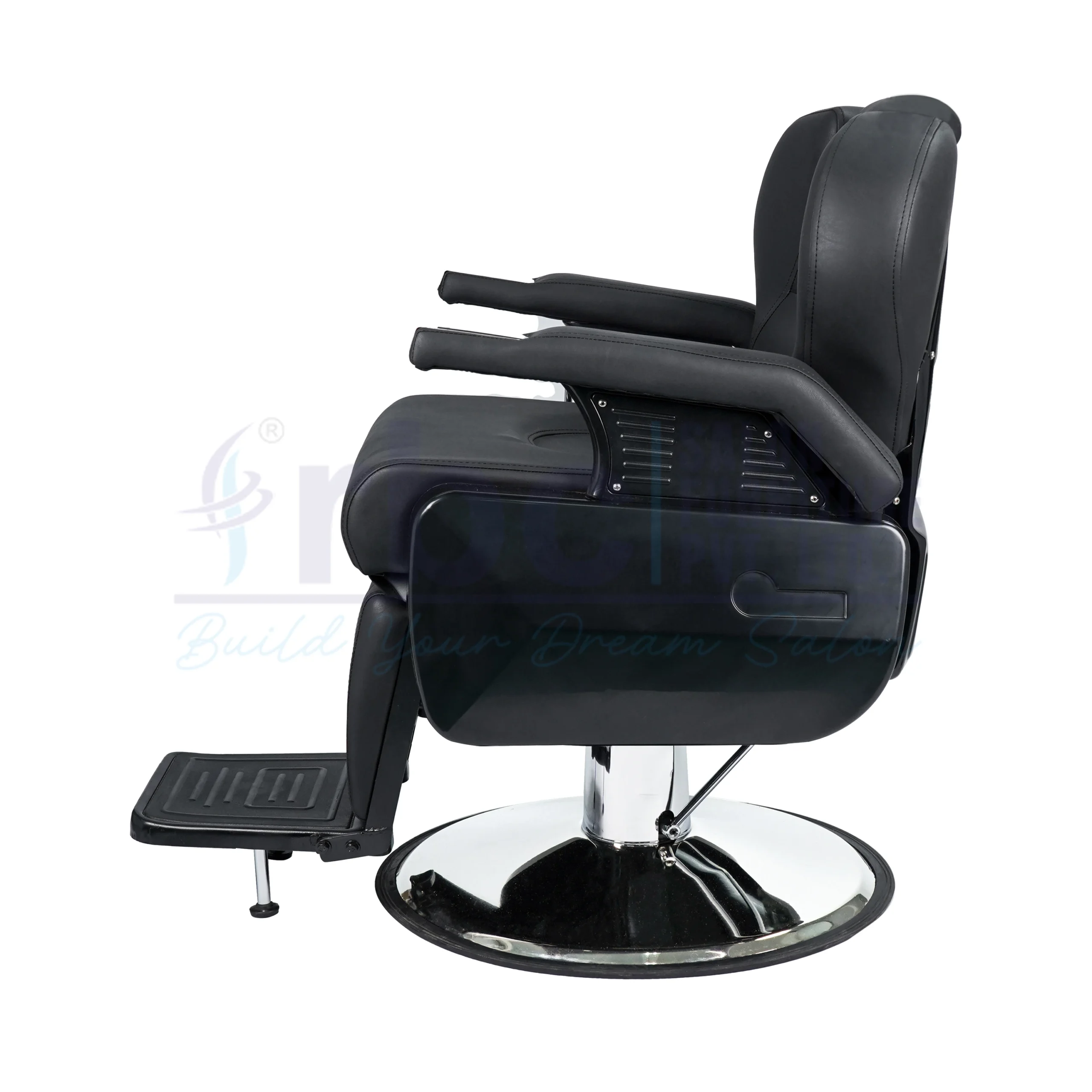 RBC 255 All-Black Reclining Hydraulic Barber Chair with Adjustable Headrest and Heavy-Duty Chrome Round Base
