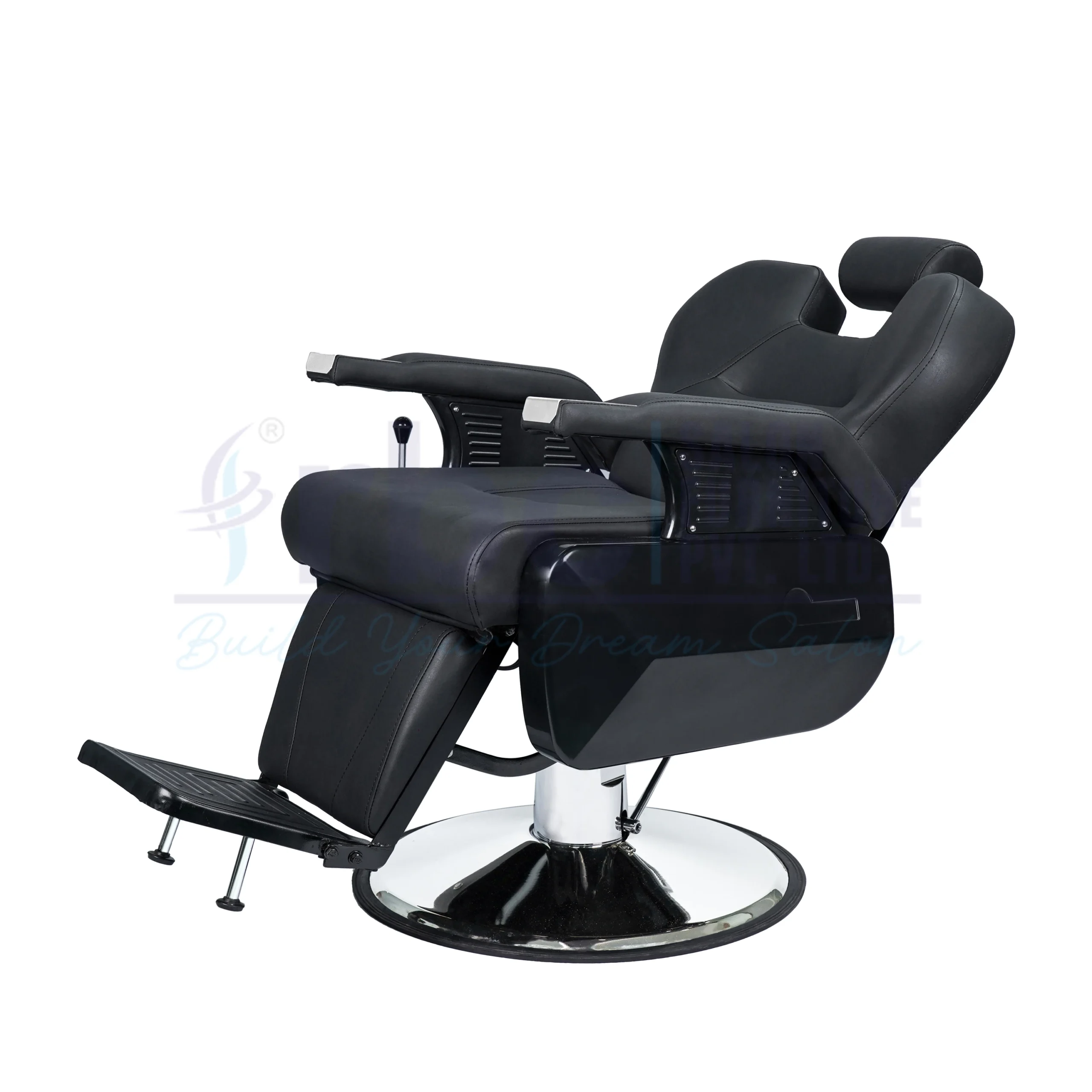 RBC 255 All-Black Reclining Hydraulic Barber Chair with Adjustable Headrest and Heavy-Duty Chrome Round Base