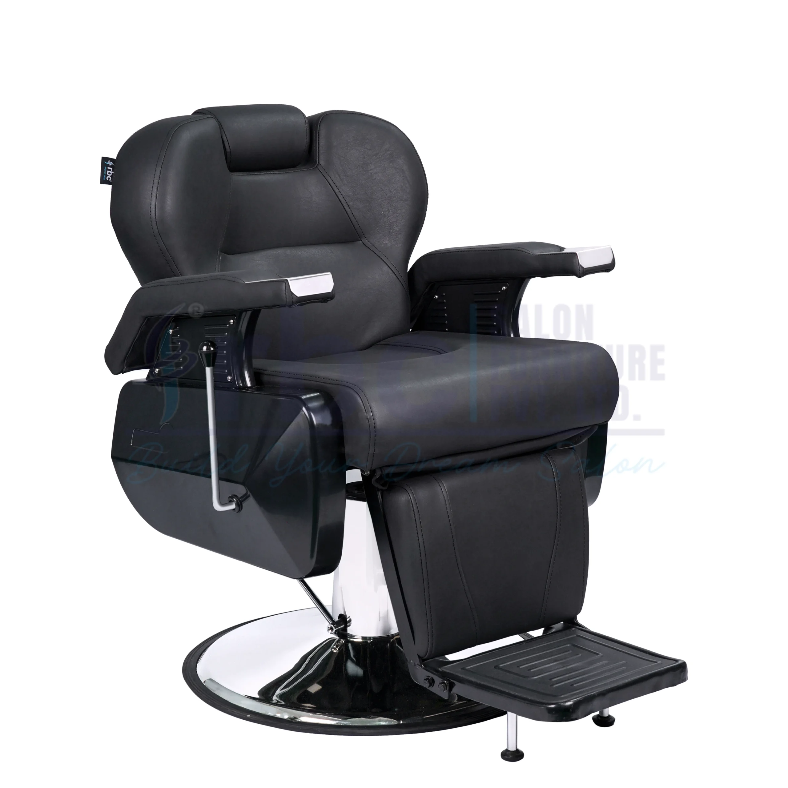 RBC 255 All-Black Reclining Hydraulic Barber Chair with Adjustable Headrest and Heavy-Duty Chrome Round Base