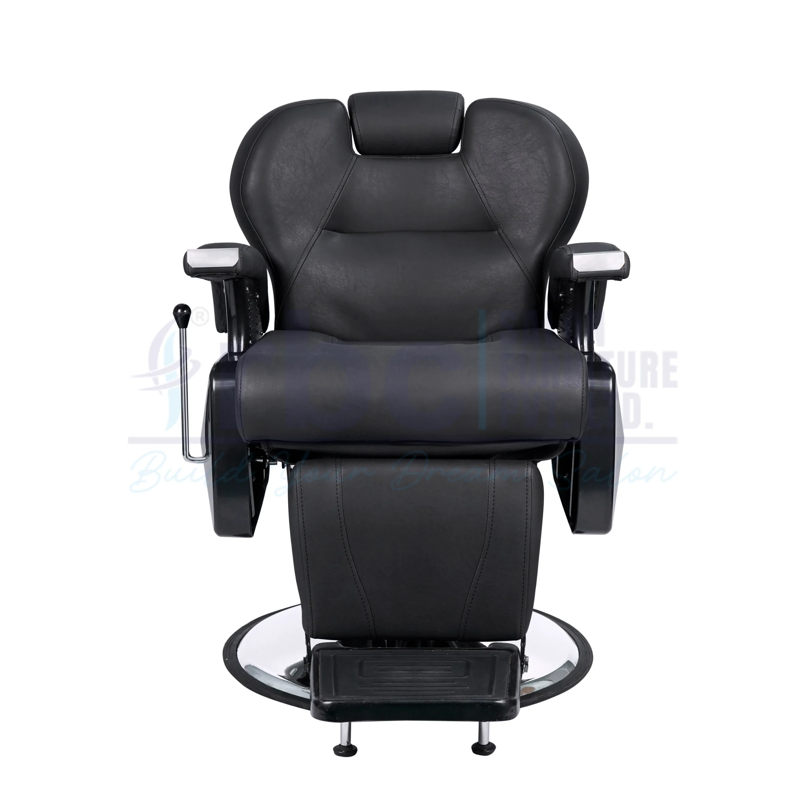 RBC 255 All-Black Reclining Hydraulic Barber Chair with Adjustable Headrest and Heavy-Duty Chrome Round Base