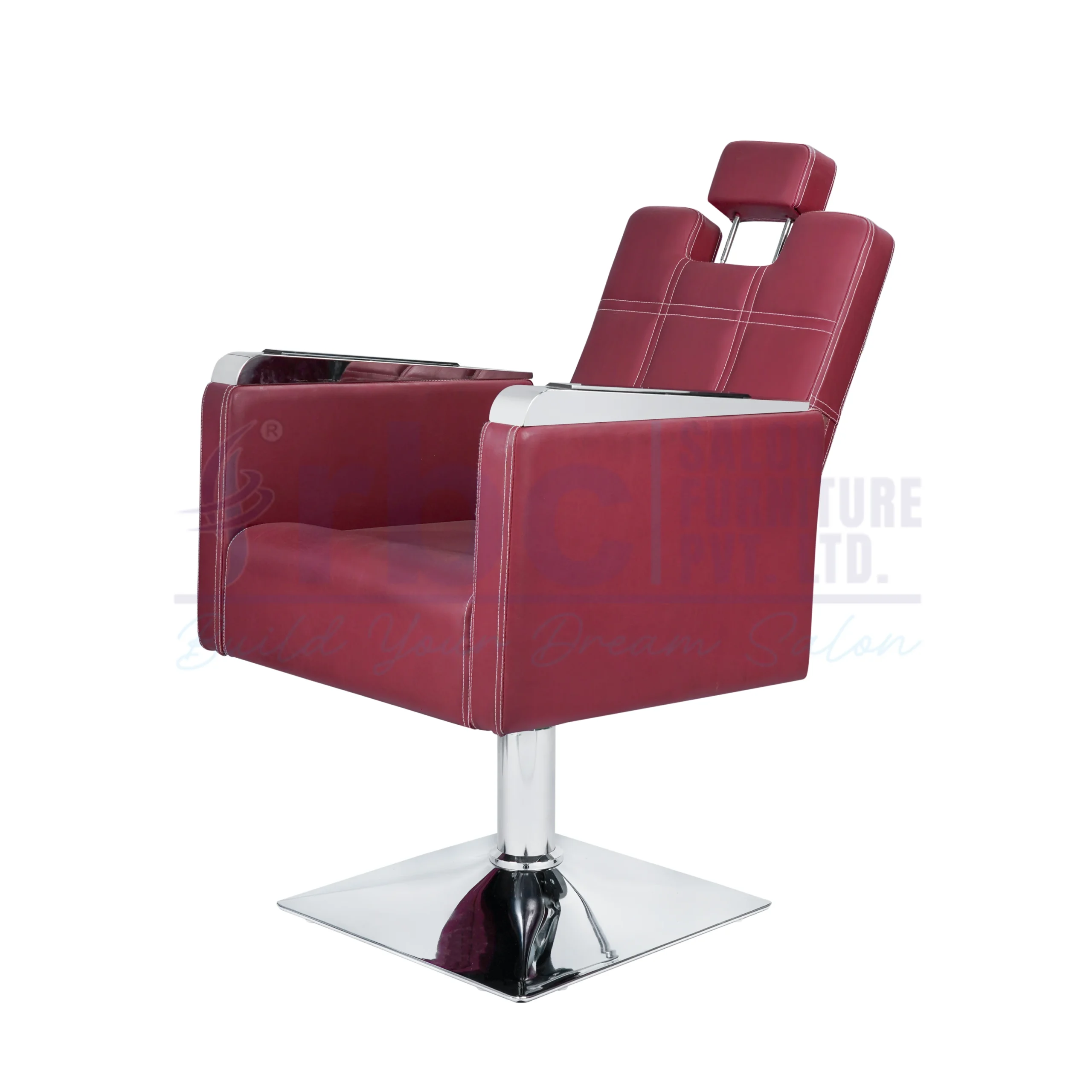 RBC 273 Maroon Reclining Hydraulic Salon Chair with Contrast White Stitching and Heavy-Duty Chrome Square Base