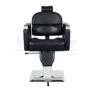 RBC 285 Black Reclining Hydraulic Barber Chair with Silver Armrest Accents and Square Chrome Base