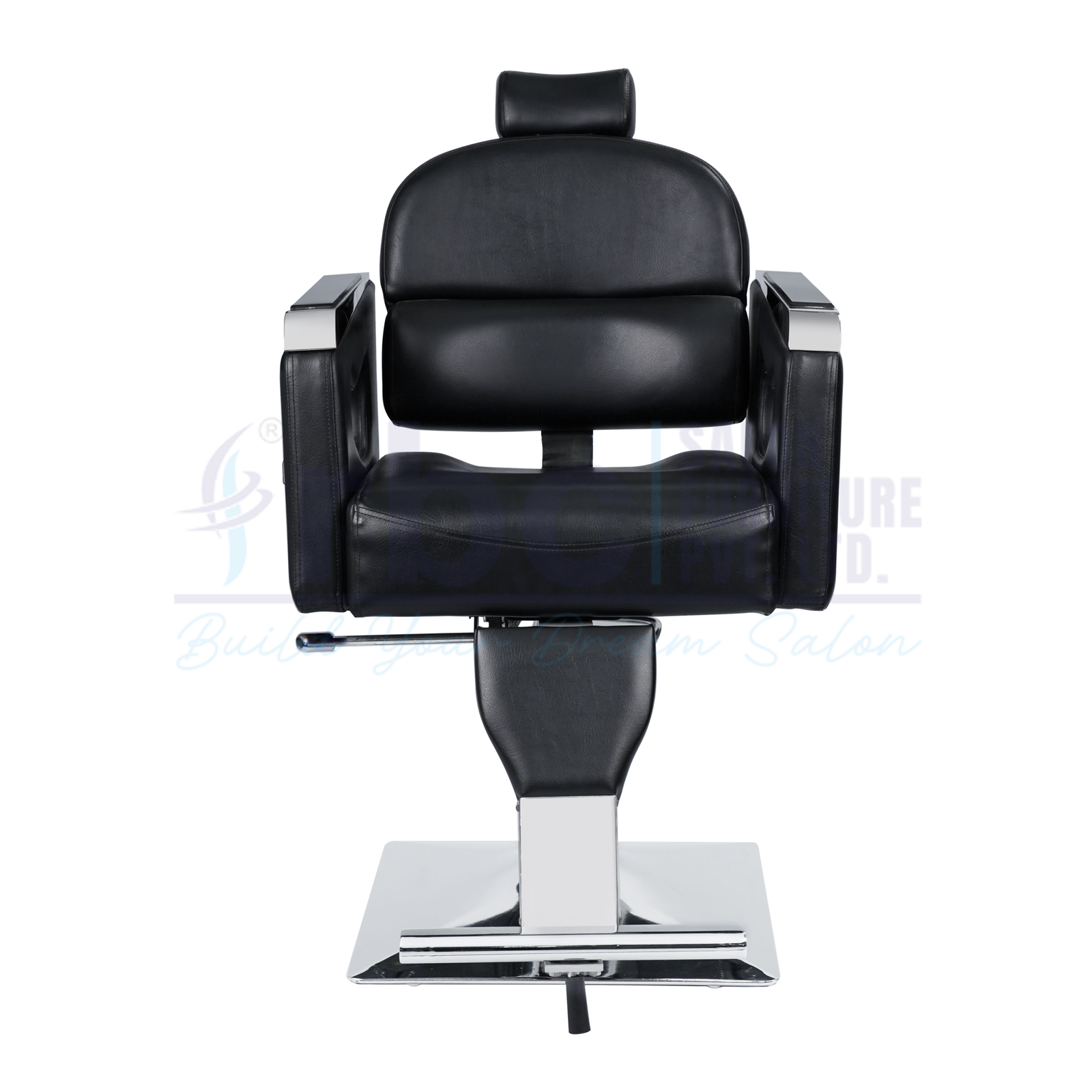 RBC 285 Black Reclining Hydraulic Barber Chair with Silver Armrest Accents and Square Chrome Base