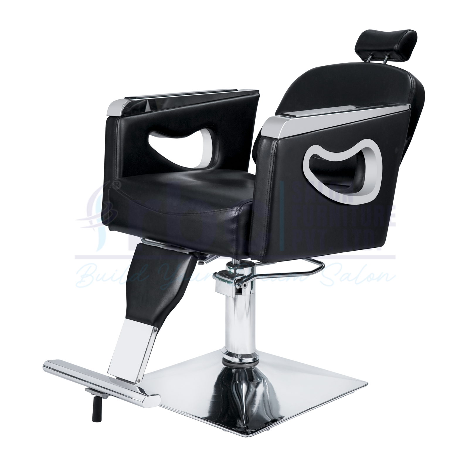 RBC 285 Black Reclining Hydraulic Barber Chair with Silver Armrest Accents and Square Chrome Base