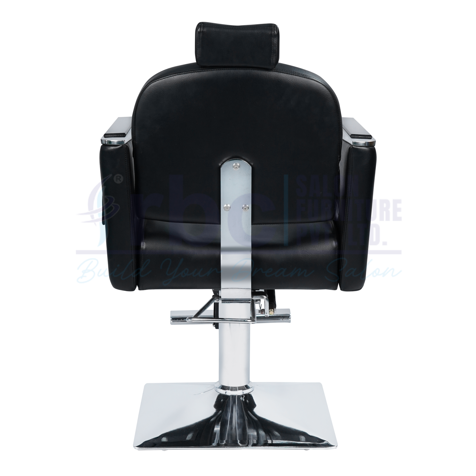 RBC 285 Black Reclining Hydraulic Barber Chair with Silver Armrest Accents and Square Chrome Base