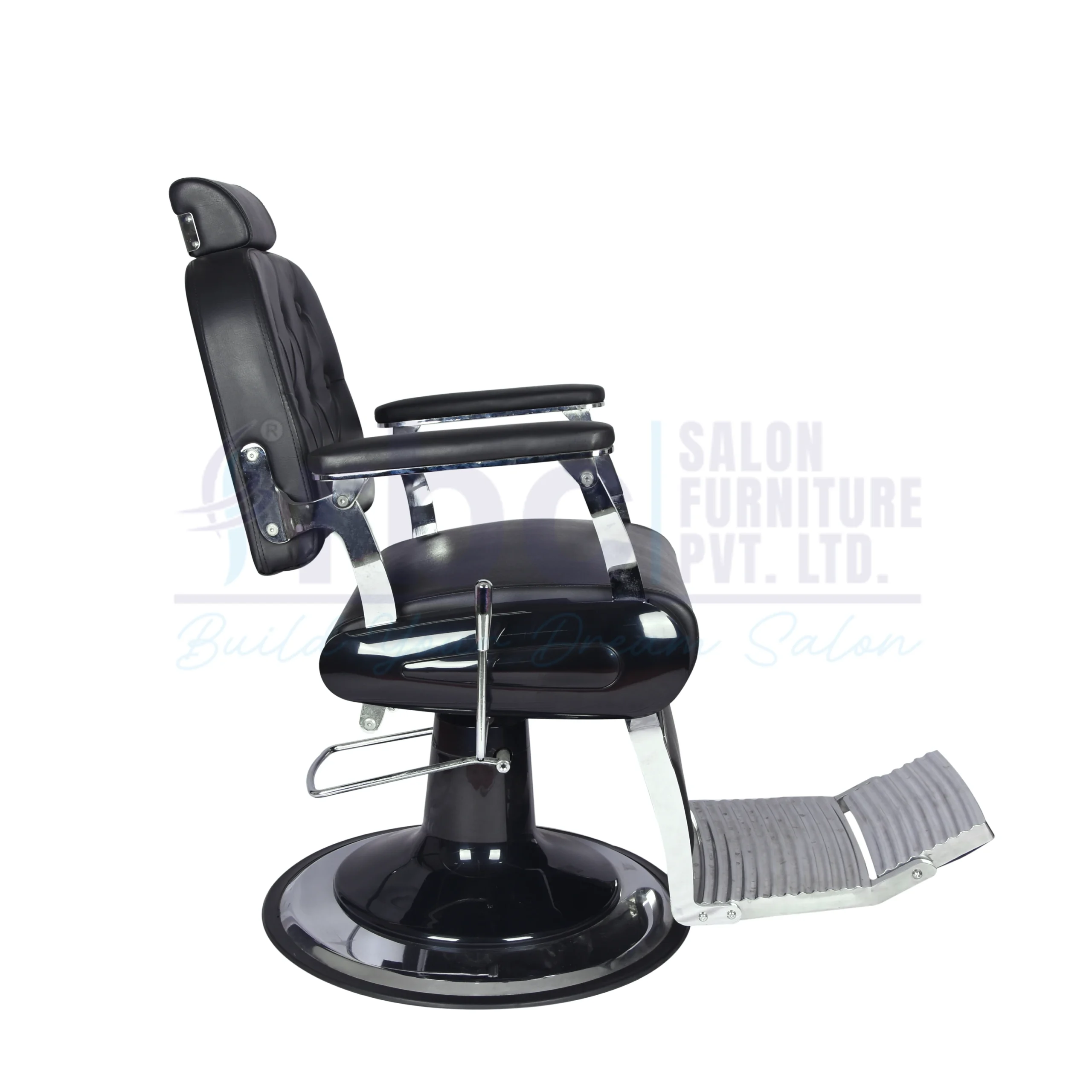 RBC 286 Vintage Black Tufted Reclining Hydraulic Barber Chair with Heavy Duty Footrest and Chrome Round Base