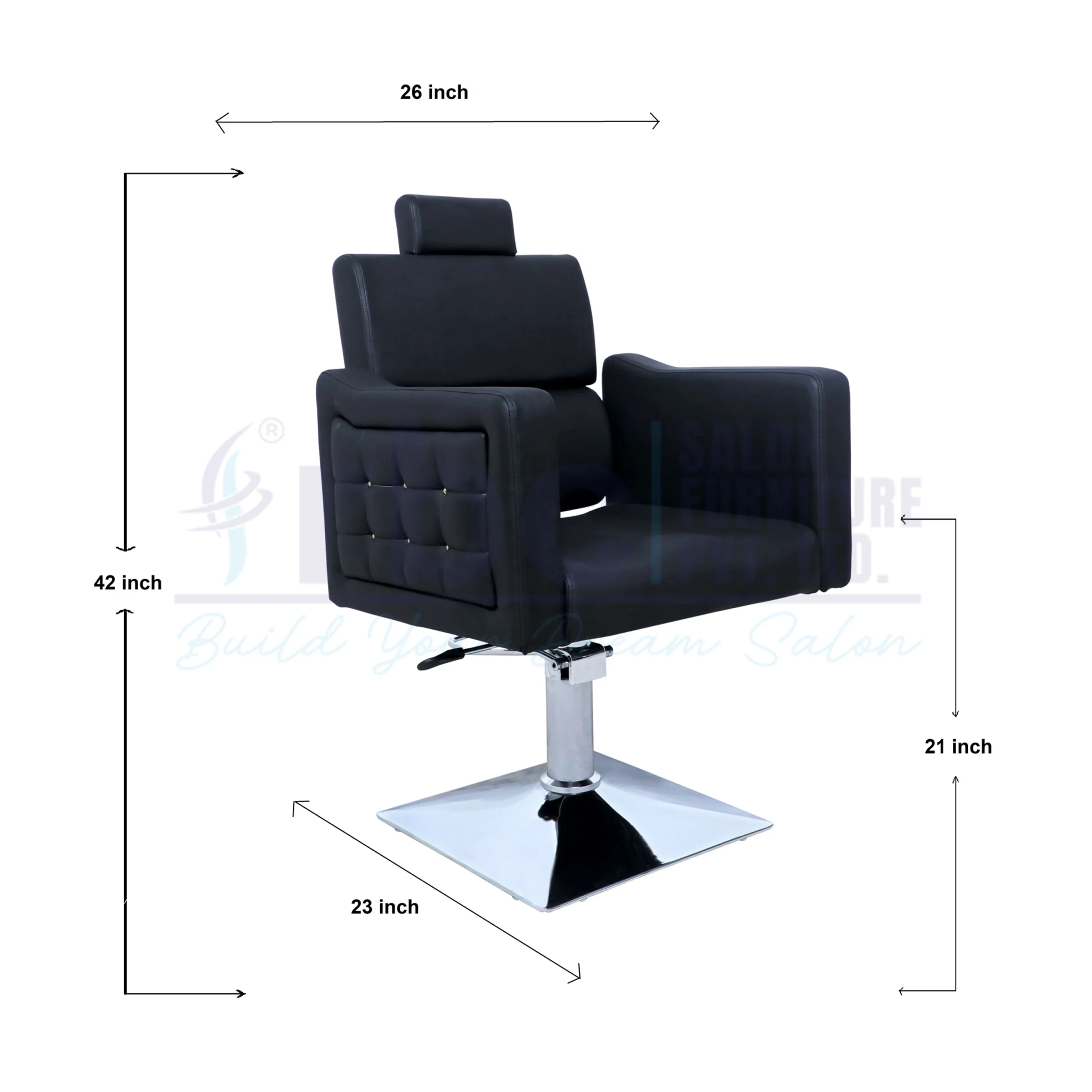 RBC 291 Black Tufted Hydraulic Salon Chair with Gold Studs and Heavy-Duty Chrome Square Base