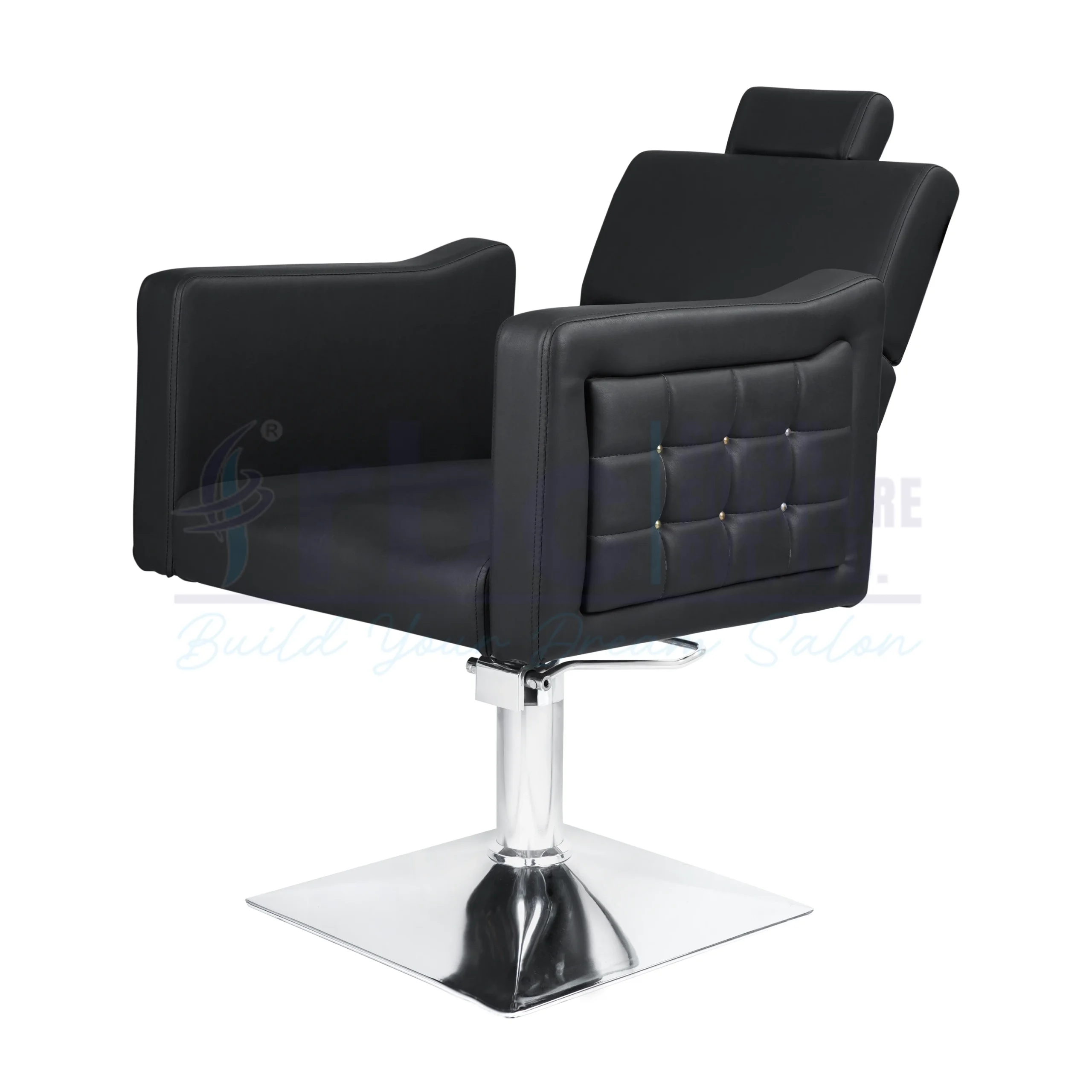 RBC 291 Black Tufted Hydraulic Salon Chair with Gold Studs and Heavy-Duty Chrome Square Base