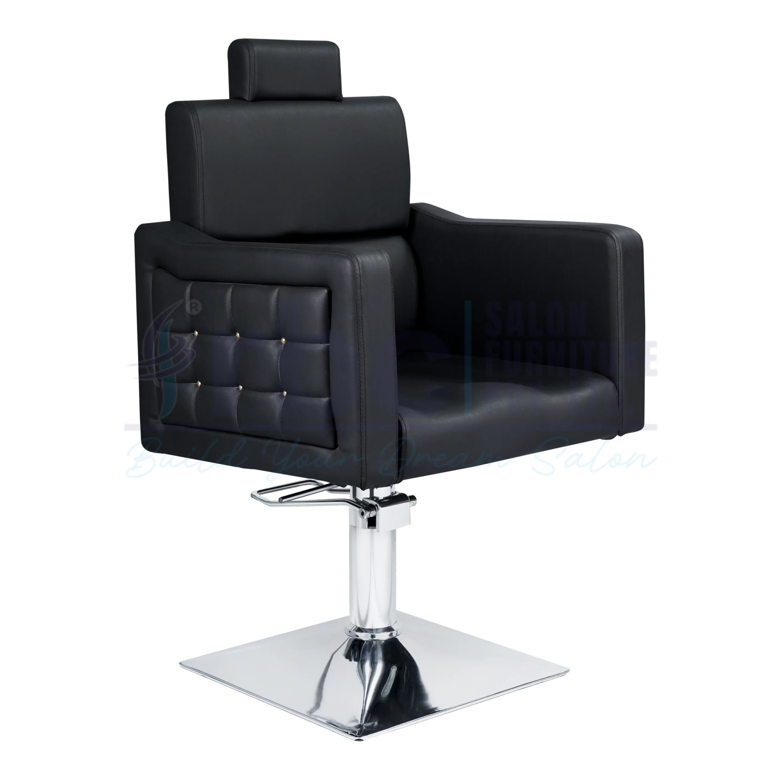 RBC 291 Black Tufted Hydraulic Salon Chair with Gold Studs and Heavy-Duty Chrome Square Base