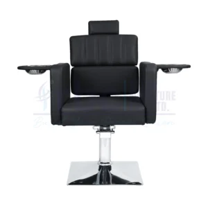 RBC 299 Black Reclining Hydraulic Salon Chair with Built-In Manicure Bowl Armrests and Square Chrome Base