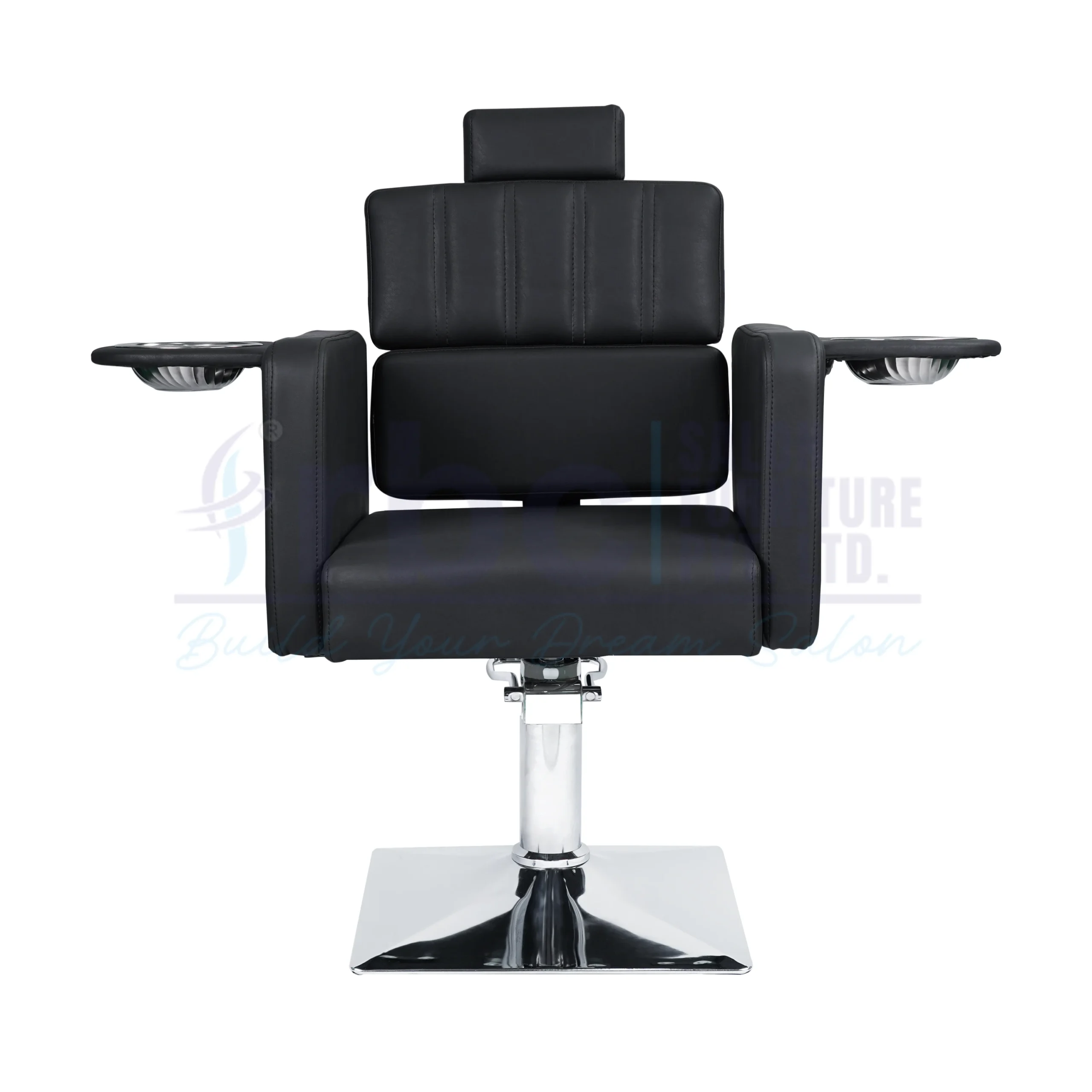 RBC 299 Black Reclining Hydraulic Salon Chair with Built-In Manicure Bowl Armrests and Square Chrome Base
