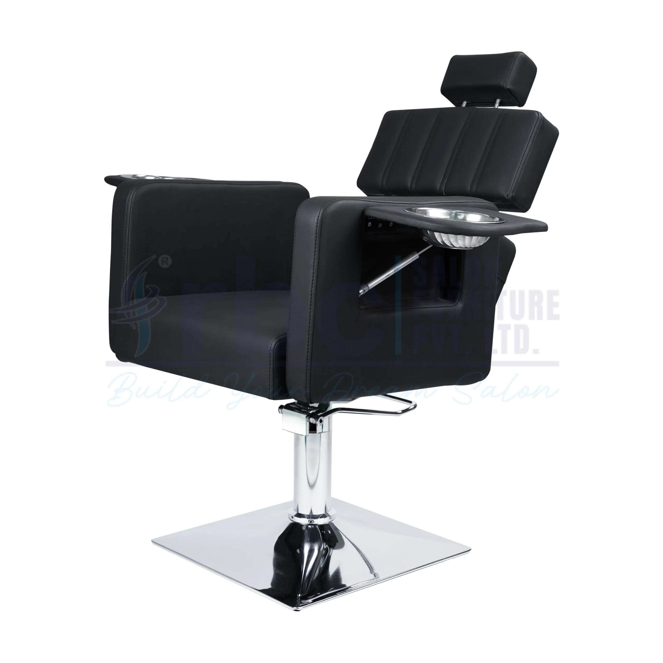 RBC 299 Black Reclining Hydraulic Salon Chair with Built-In Manicure Bowl Armrests and Square Chrome Base