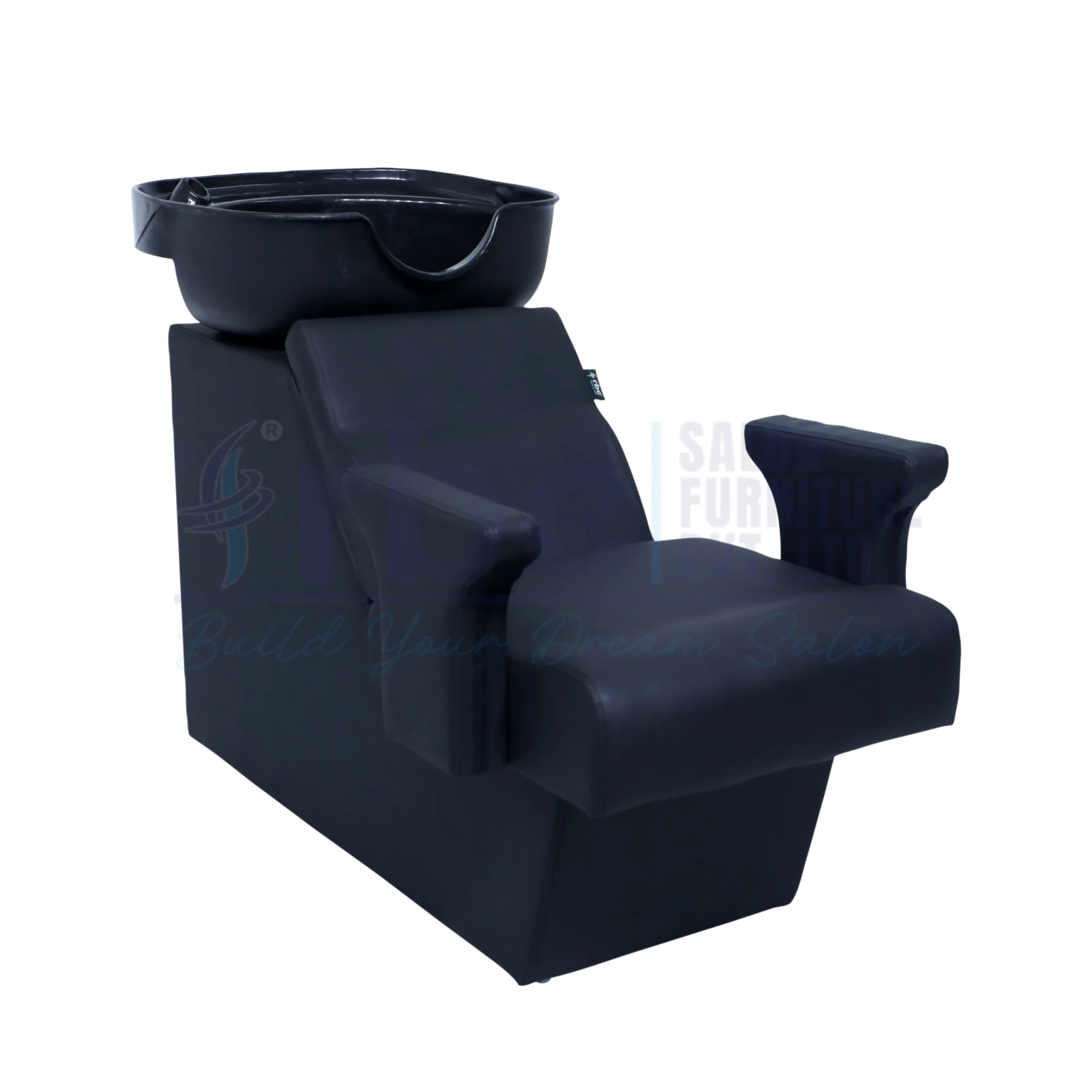 RBC 305 All-Black Professional Salon Shampoo Station Chair with Deep Ceramic Hair Wash Sink