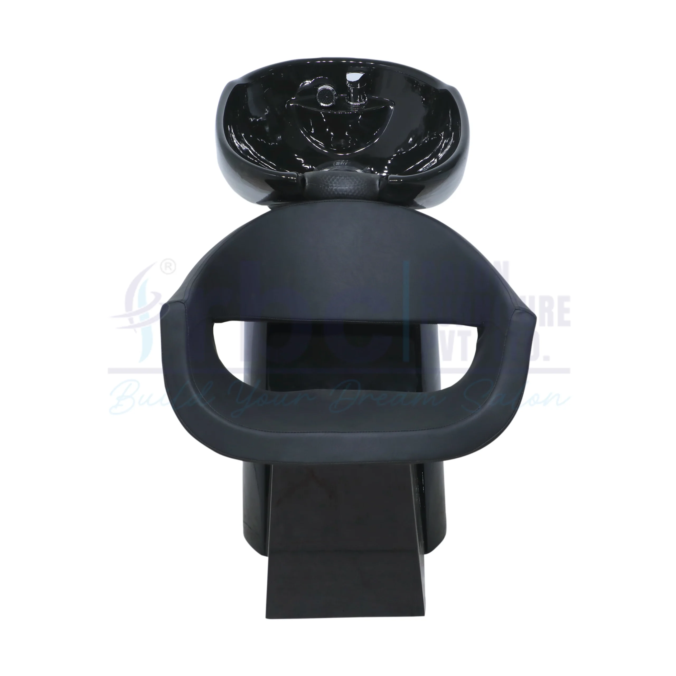 RBC 307 Black Salon Shampoo Station with Curved Tub Chair and Deep Ceramic Basin