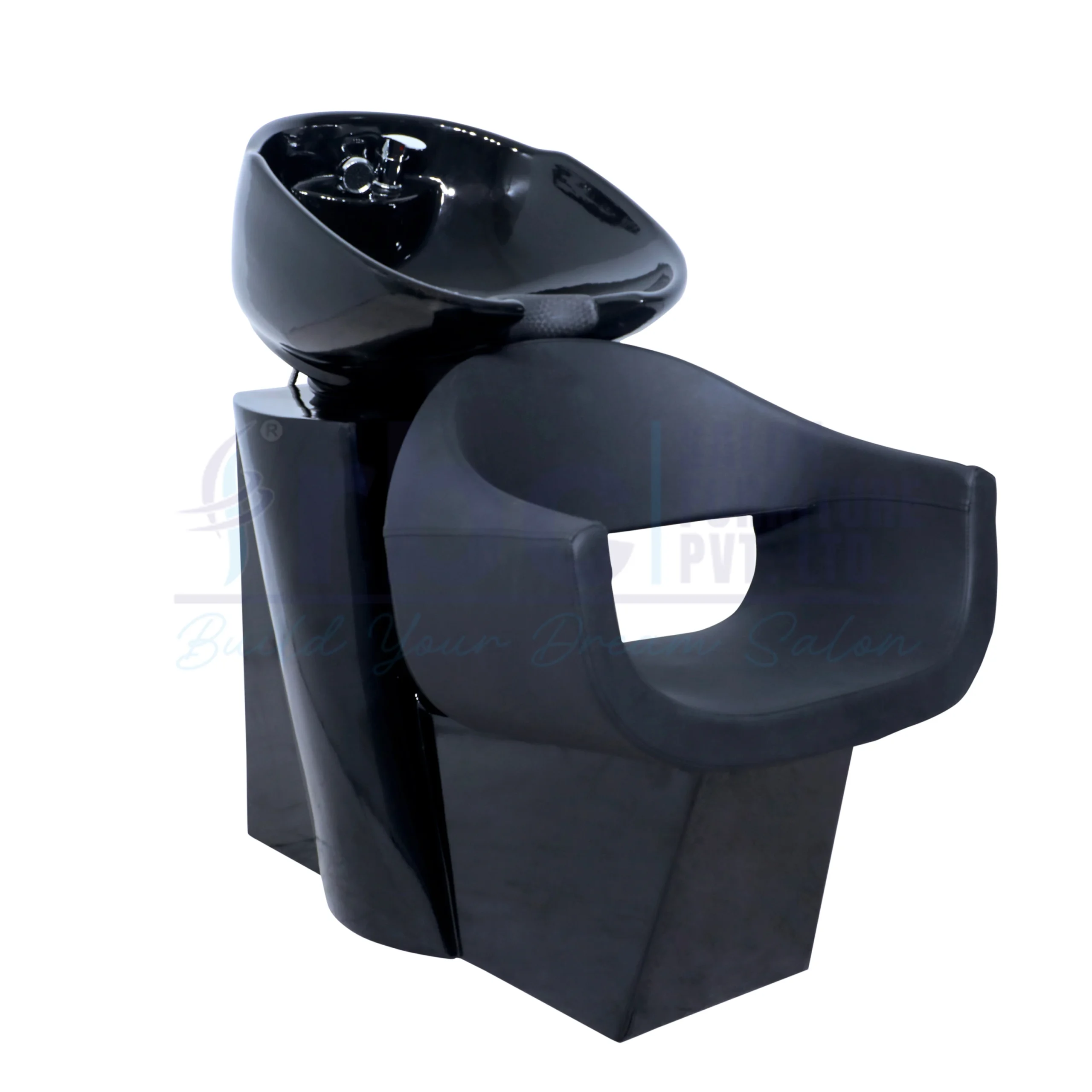 RBC 307 Black Salon Shampoo Station with Curved Tub Chair and Deep Ceramic Basin