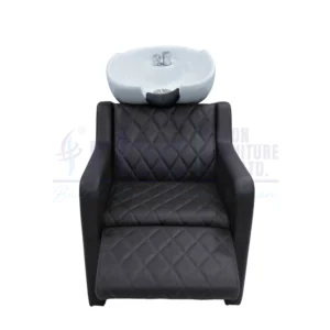 RBC 326 Dark Brown Quilted Reclining Salon Shampoo Station with Extended Leg Rest and White Ceramic Basin