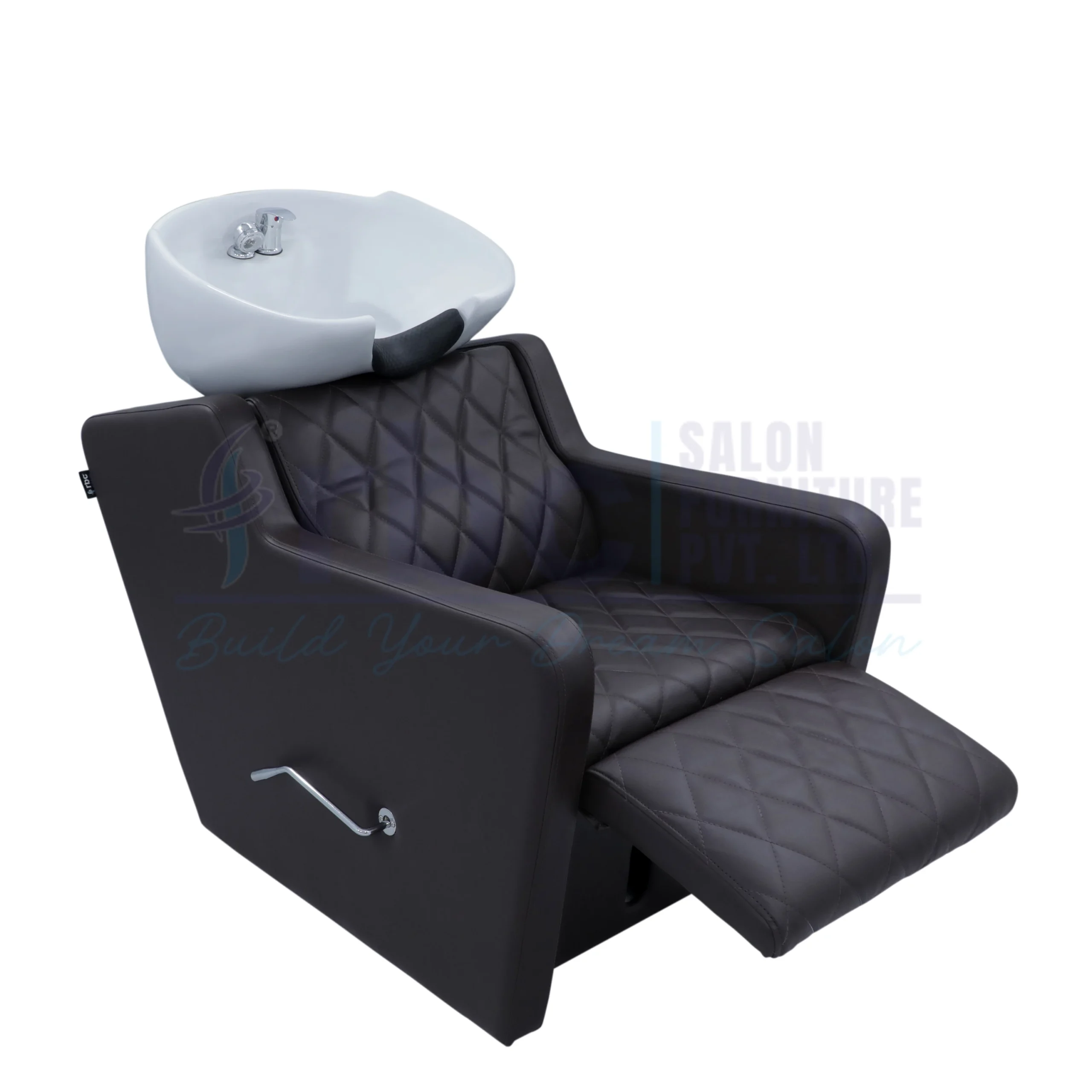RBC 326 Dark Brown Quilted Reclining Salon Shampoo Station with Extended Leg Rest and White Ceramic Basin