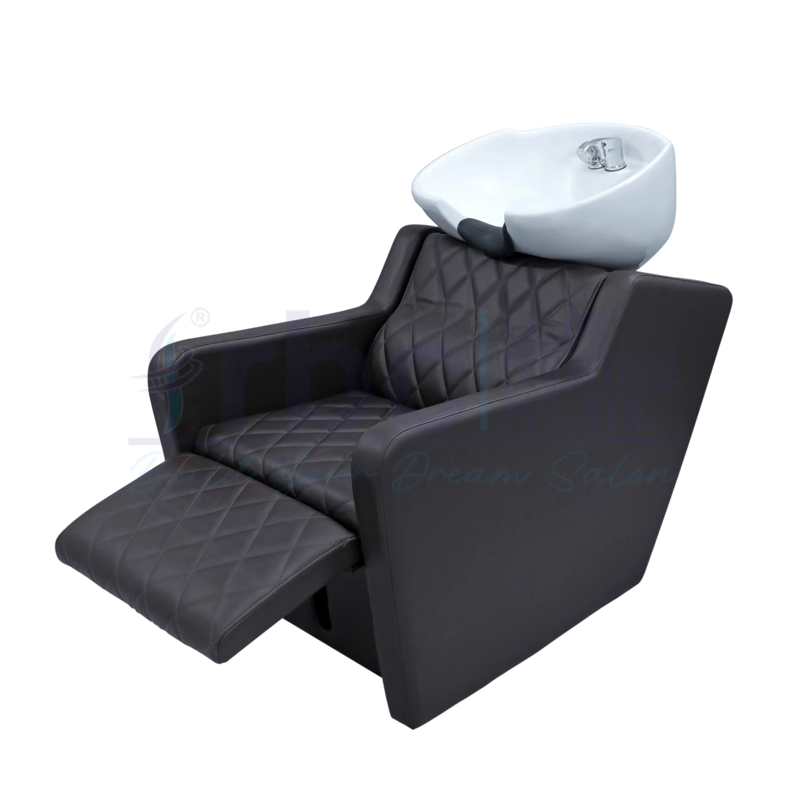 RBC 326 Dark Brown Quilted Reclining Salon Shampoo Station with Extended Leg Rest and White Ceramic Basin