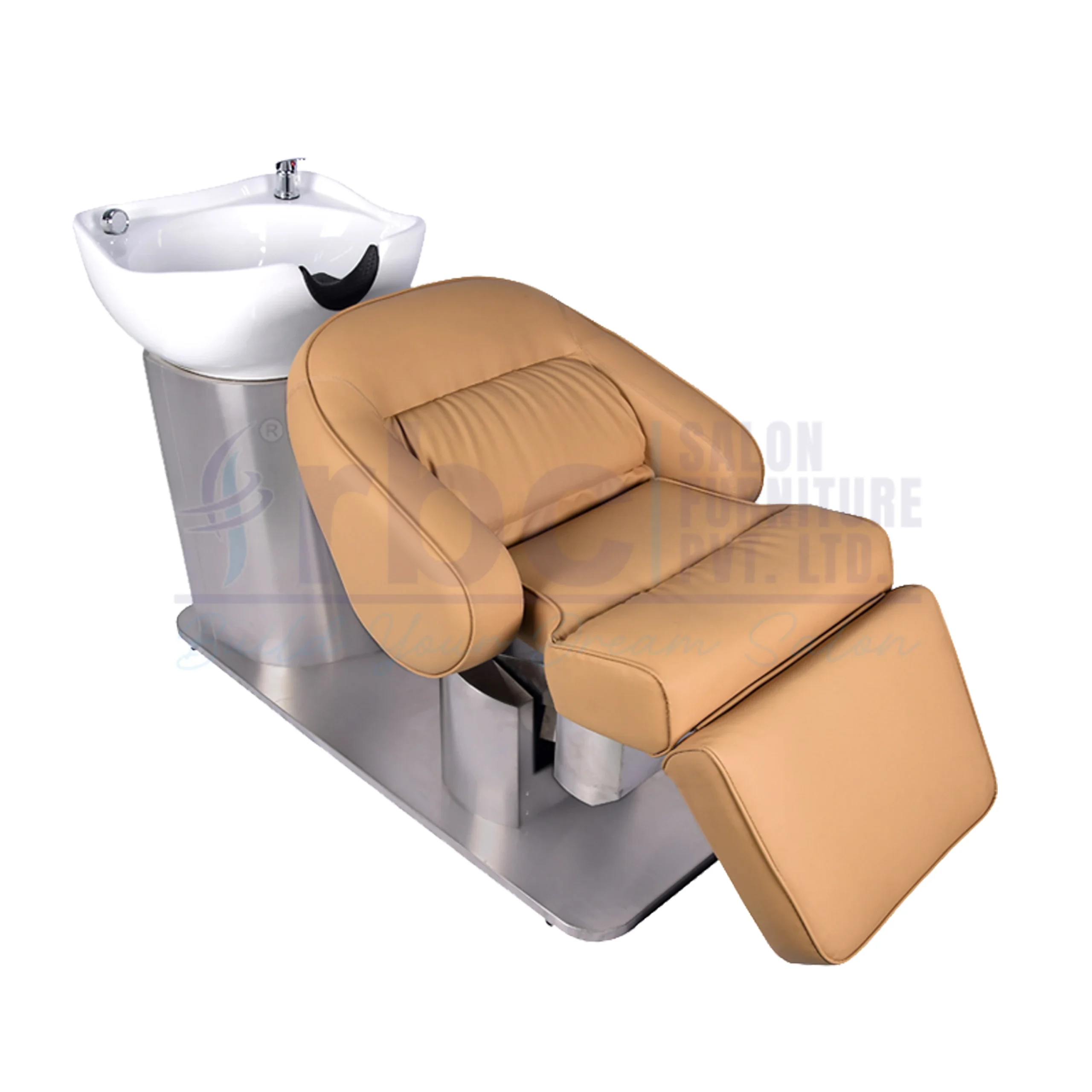RBC 344 Light Tan Beige Reclining Hair Spa Shampoo Station Bed with Stainless Steel Base and White Ceramic Basin