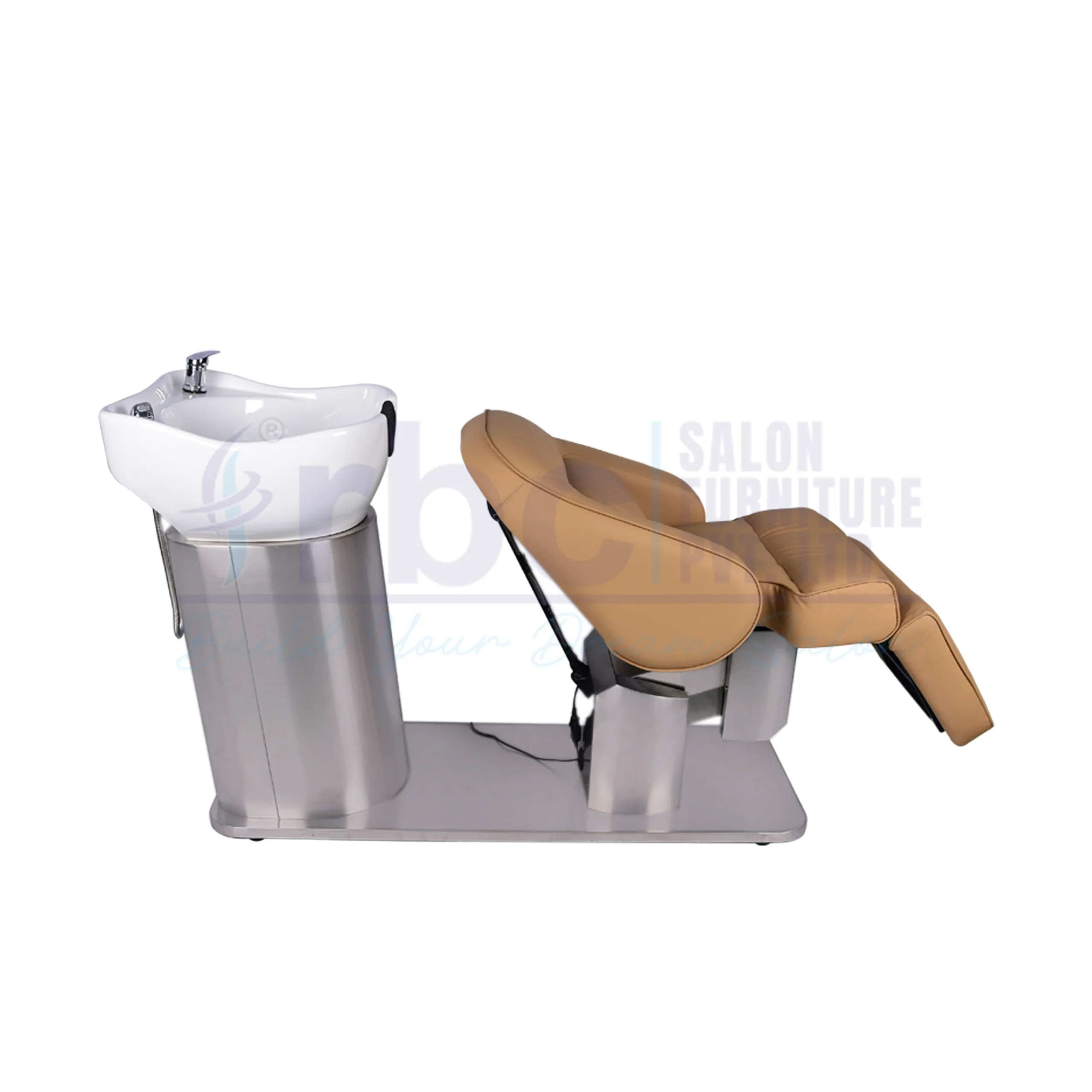 RBC 344 Light Tan Beige Reclining Hair Spa Shampoo Station Bed with Stainless Steel Base and White Ceramic Basin