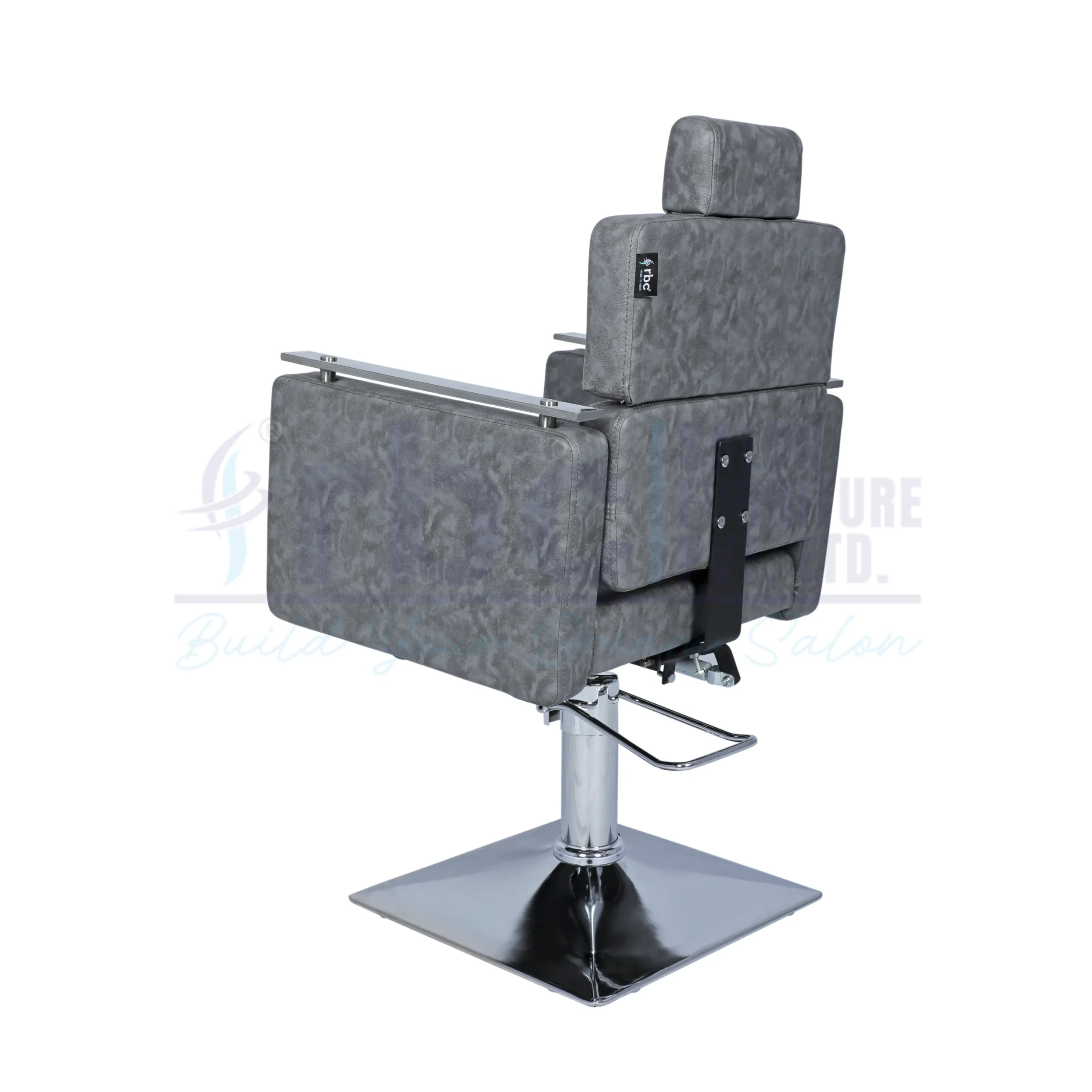 RBC 404 Textured Grey Reclining Hydraulic Salon Chair with Chrome Top Armrest Rails and Square Chrome Base