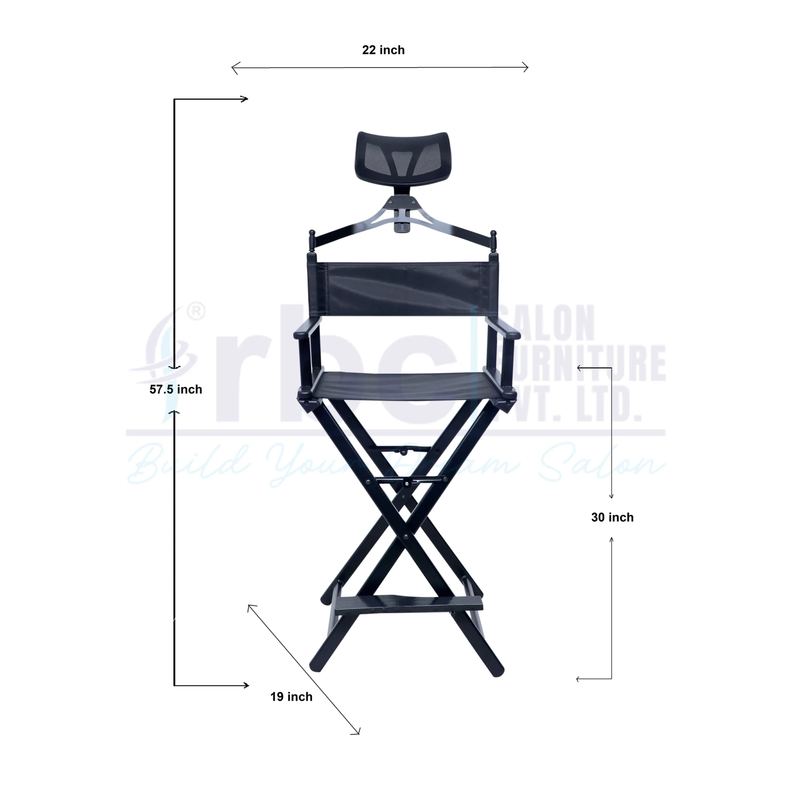 RBC 410 Tall Foldable Black Makeup Director Chair with Mesh Headrest and Footrest