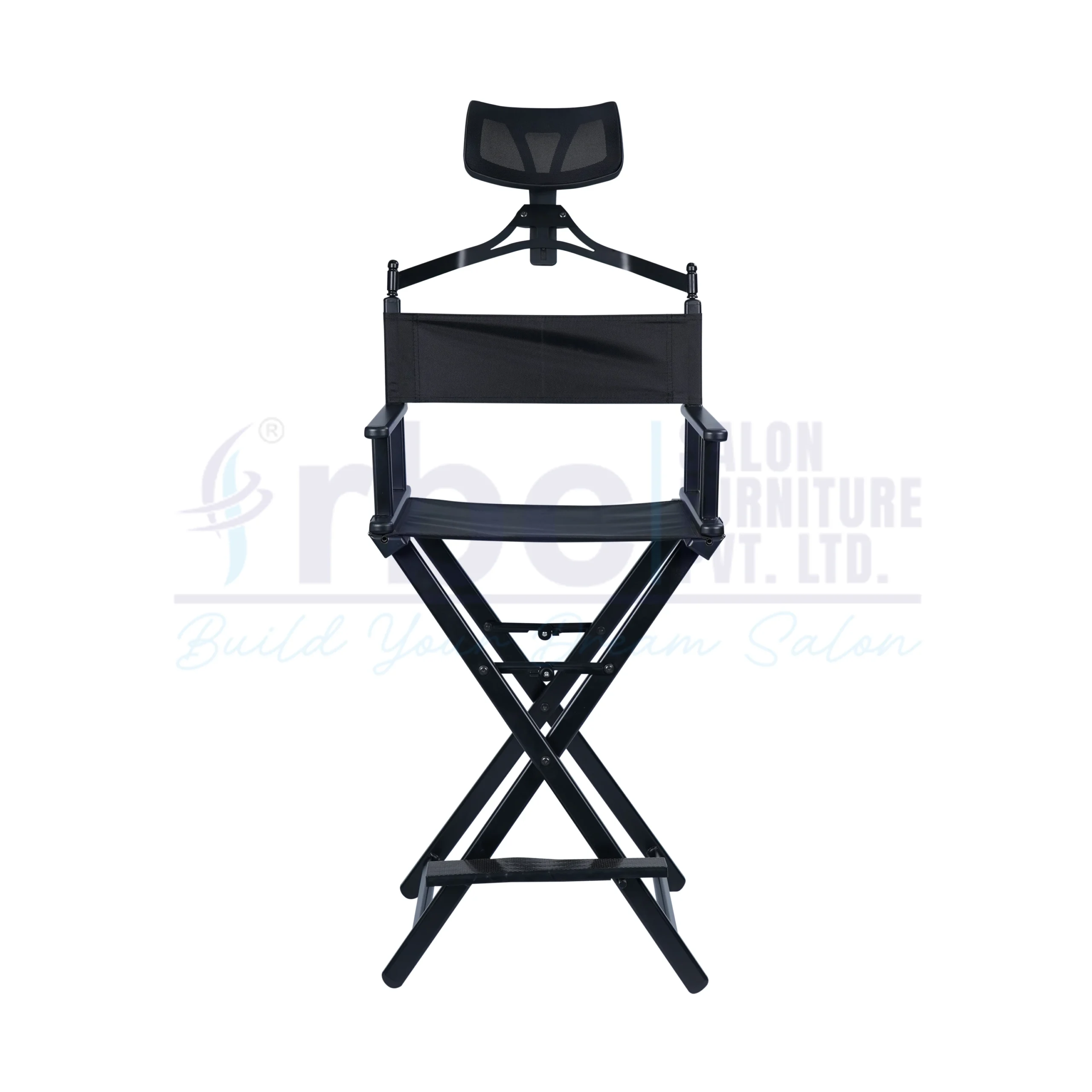 RBC 410 Tall Foldable Black Makeup Director Chair with Mesh Headrest and Footrest