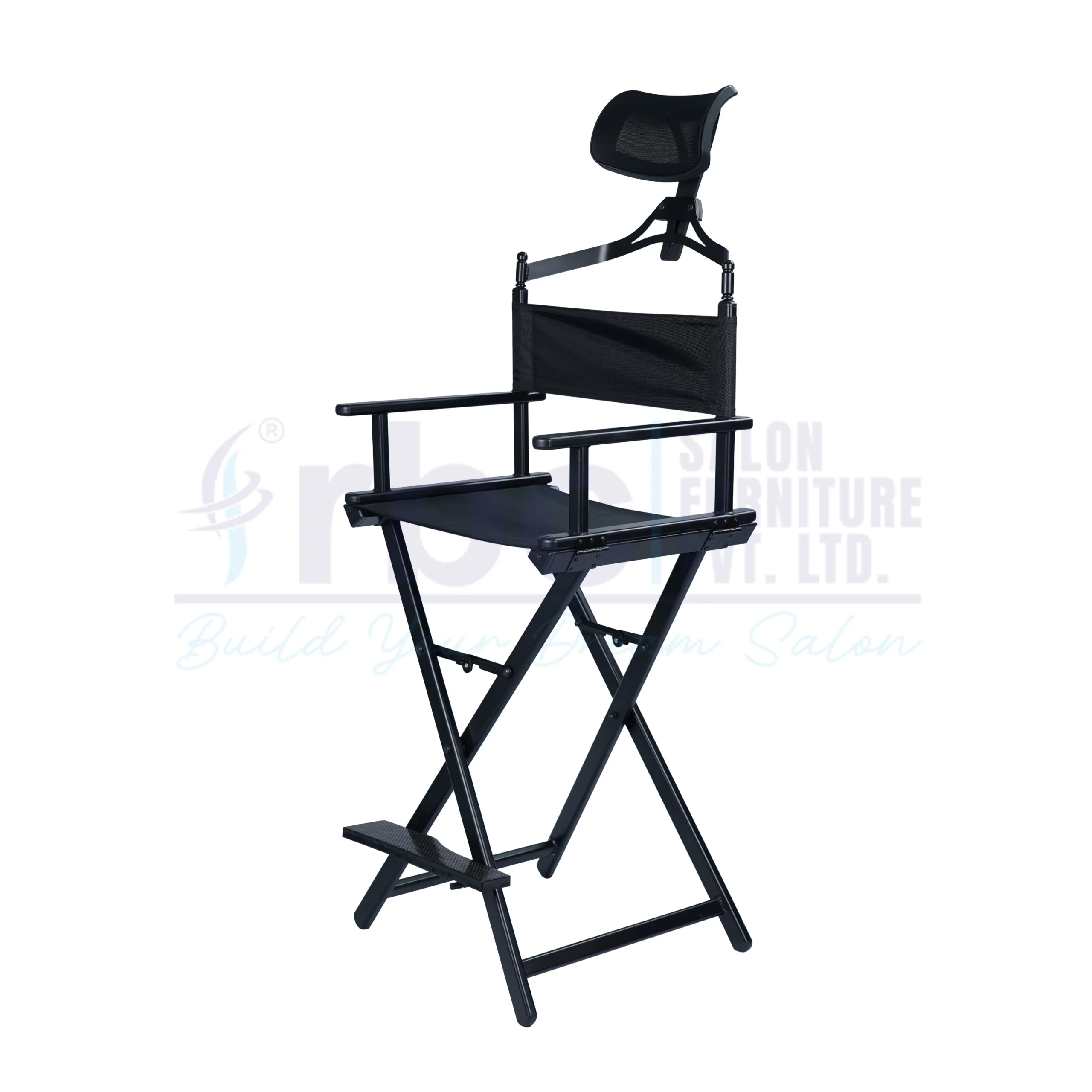 RBC 410 Tall Foldable Black Makeup Director Chair with Mesh Headrest and Footrest