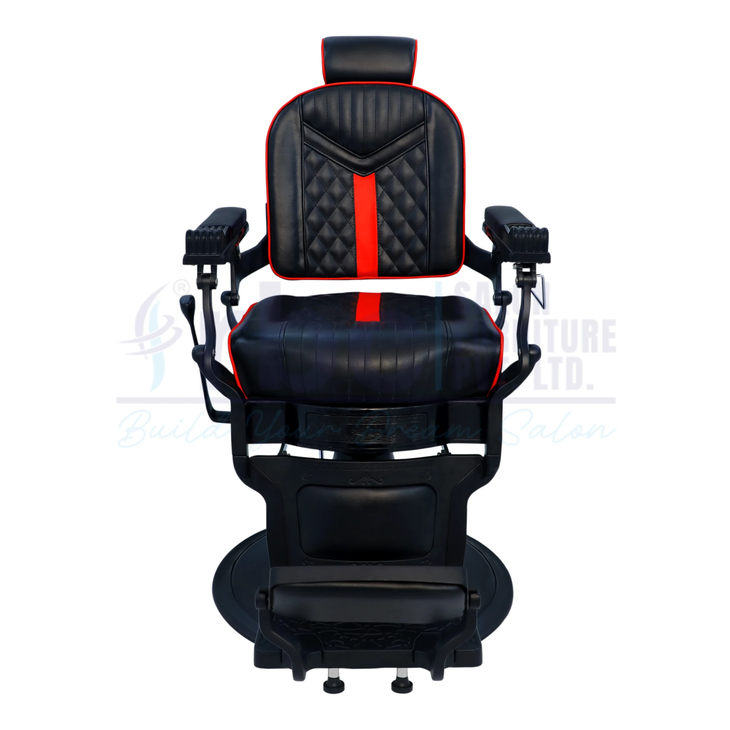 RBC 430 Black and Red Reclining Hydraulic Barber Chair with Diamond Stitching and Round Base