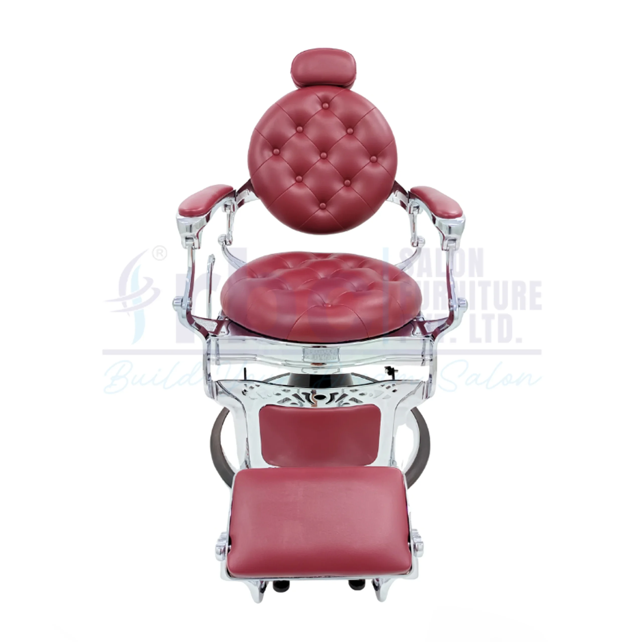 RBC 435 Silver Chrome and Maroon Luxury Antique Hydraulic Barber Chair Front View