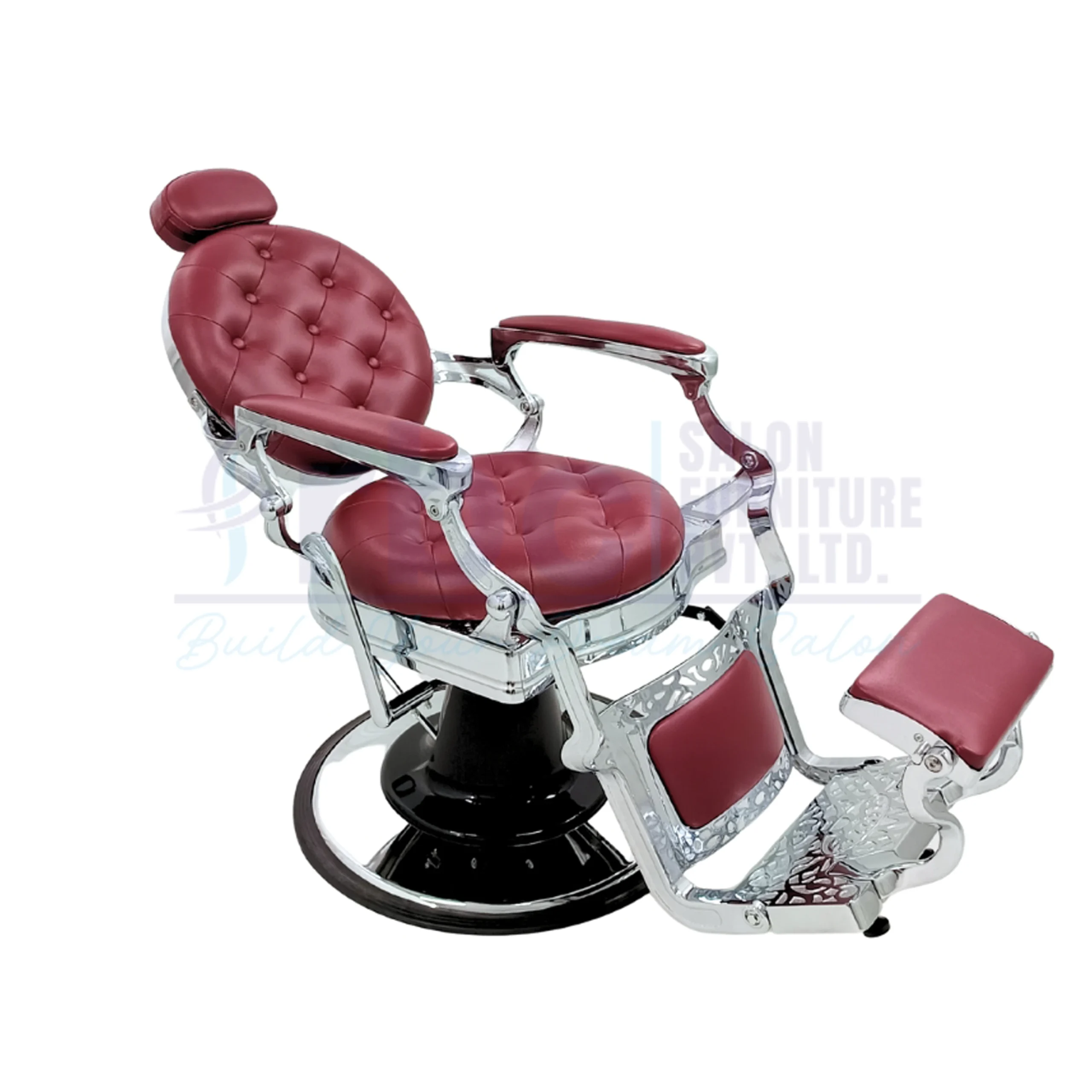 RBC 435 Silver Chrome and Maroon Luxury Antique Hydraulic Barber Chair Front View