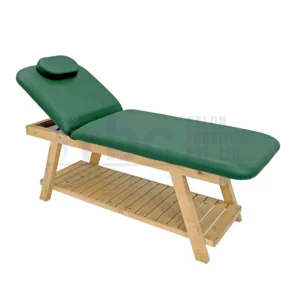 RBC 513 Green Wooden Spa Bed Side Profile Showing Natural Timber Frame and Adjuster Mechanism