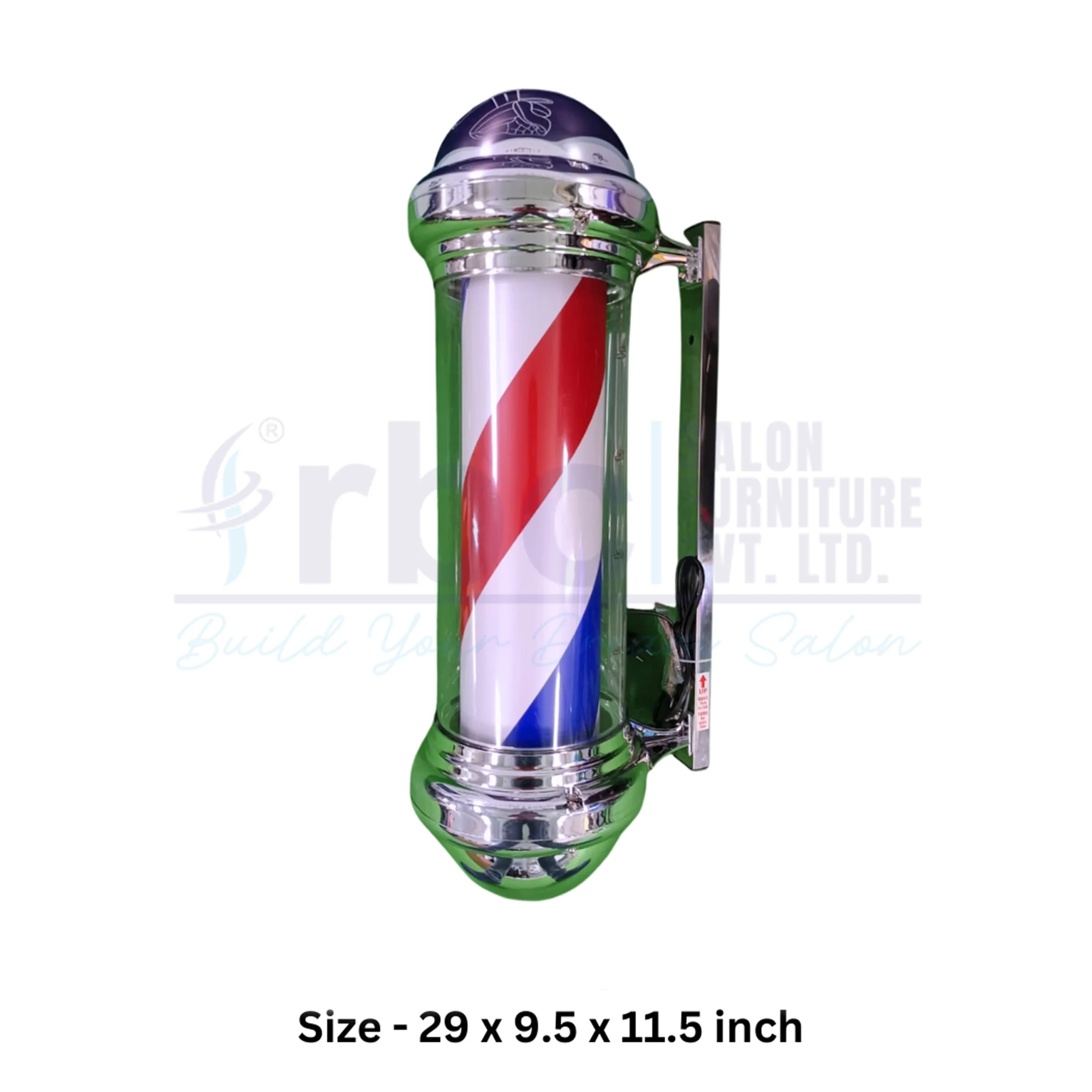 RBC BSP - 2 Chrome Rotating LED Barber Pole Light 29 Inch with Red White Blue Stripes and Chrome Wall Bracket
